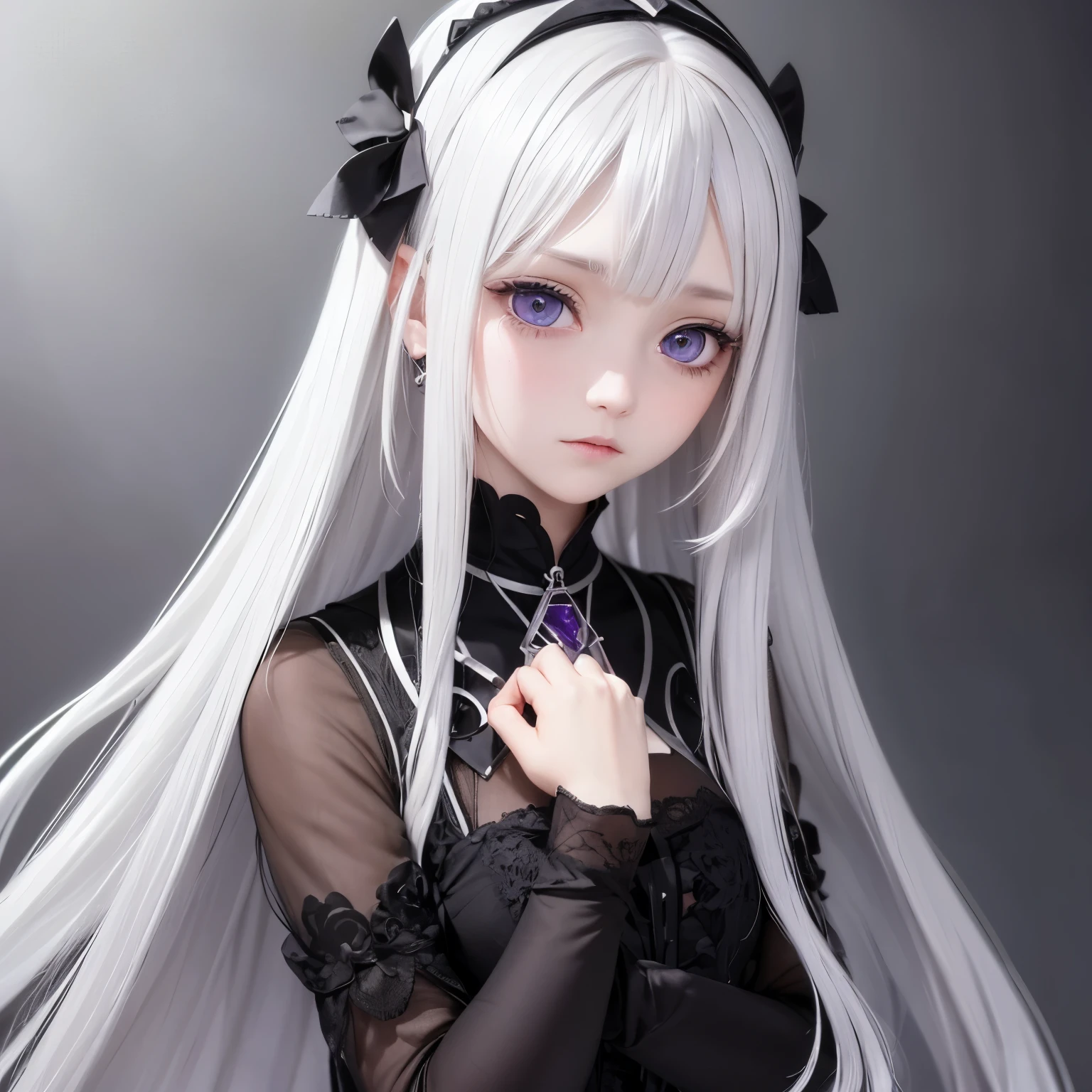 A girl with long, straight, silver hair; white skin; dark violet eyes; slightly flushed cheeks; cold and slightly tired expression; black Renaissance-style clothing; a diamond-shaped chakra crystal on the forehead; Middle-parted bangs.