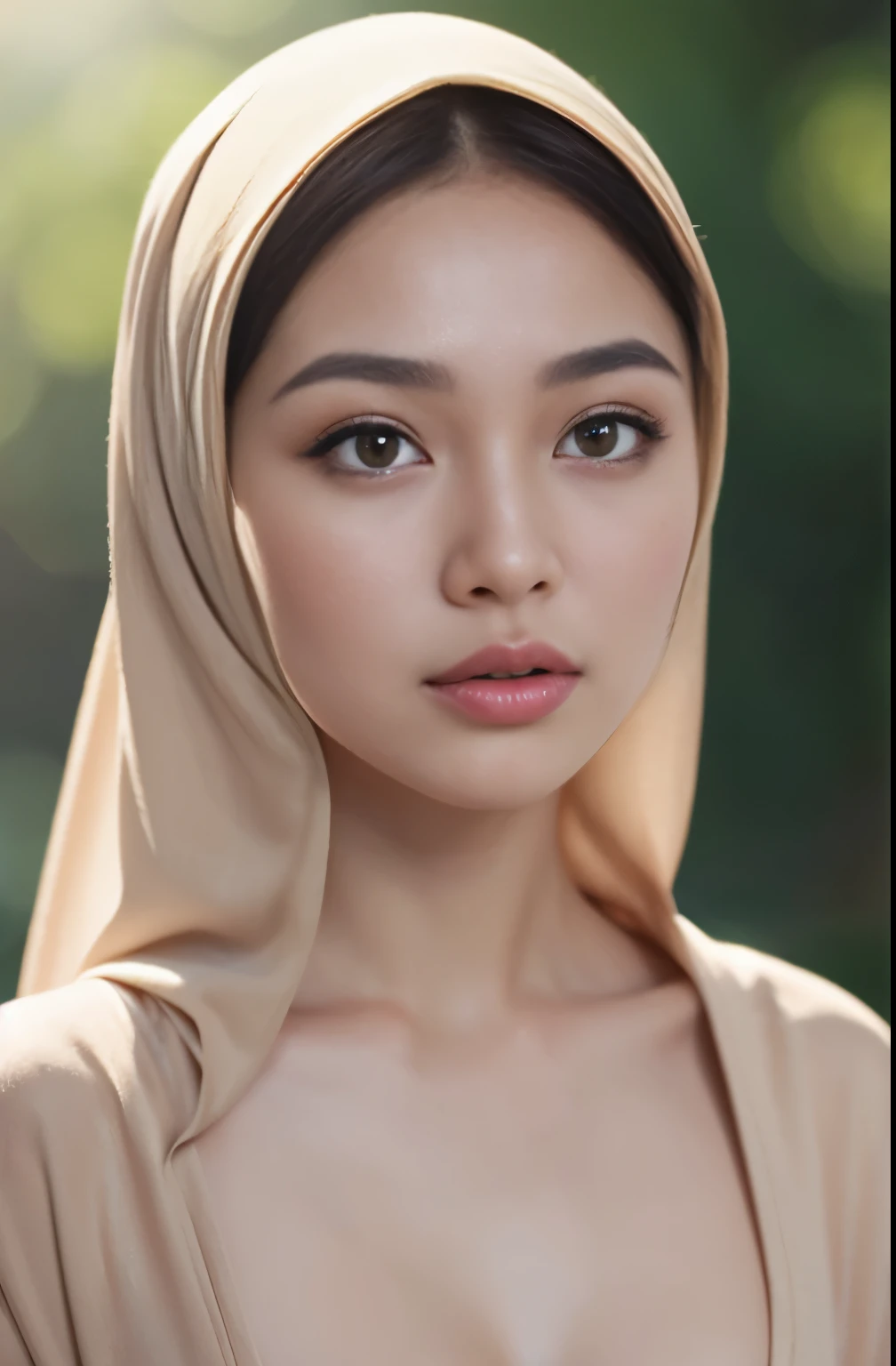 Nude , Porn, (Close-up of the painting style，Ultra HD 8K，Masterpiece grade CG wallpaper)，Cinematic lighting，cute girly，Delicate and beautiful face，Dreamy pupil , round waist,javanese hijabi,Bust poem,Sit，Cloudy background,the trees,florals, magical, church