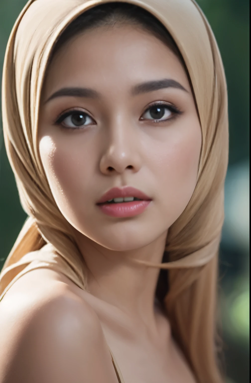 Nude , Porn, (Close-up of the painting style，Ultra HD 8K，Masterpiece grade CG wallpaper)，Cinematic lighting，cute girly，Delicate and beautiful face，Dreamy pupil , round waist,javanese hijabi,Bust poem,Sit，Cloudy background,the trees,florals, magical, church