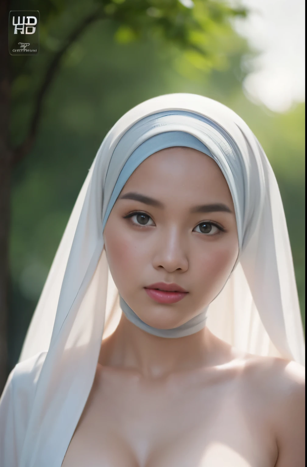 Nude , Porn, (Close-up of the painting style,Ultra HD 8K,Masterpiece grade CG wallpaper),Cinematic lighting,cute girly,Delicate and beautiful face,Dreamy pupil , round waist,javanese hijabi,Bust poem,Sit,Cloudy background,the trees,florals, magical, church