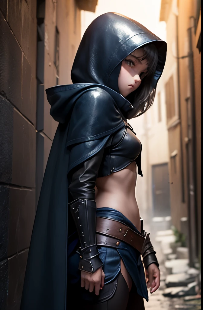 A beautiful female rogue, short black hair, D&D aesthetic, naked, cloak, high detail face, high detail skin, 8, HDR, high resolution, photo-realistic, cinematic lighting, depth of field, bokeh, rim lighting, backlit, cool colours, night, from behind