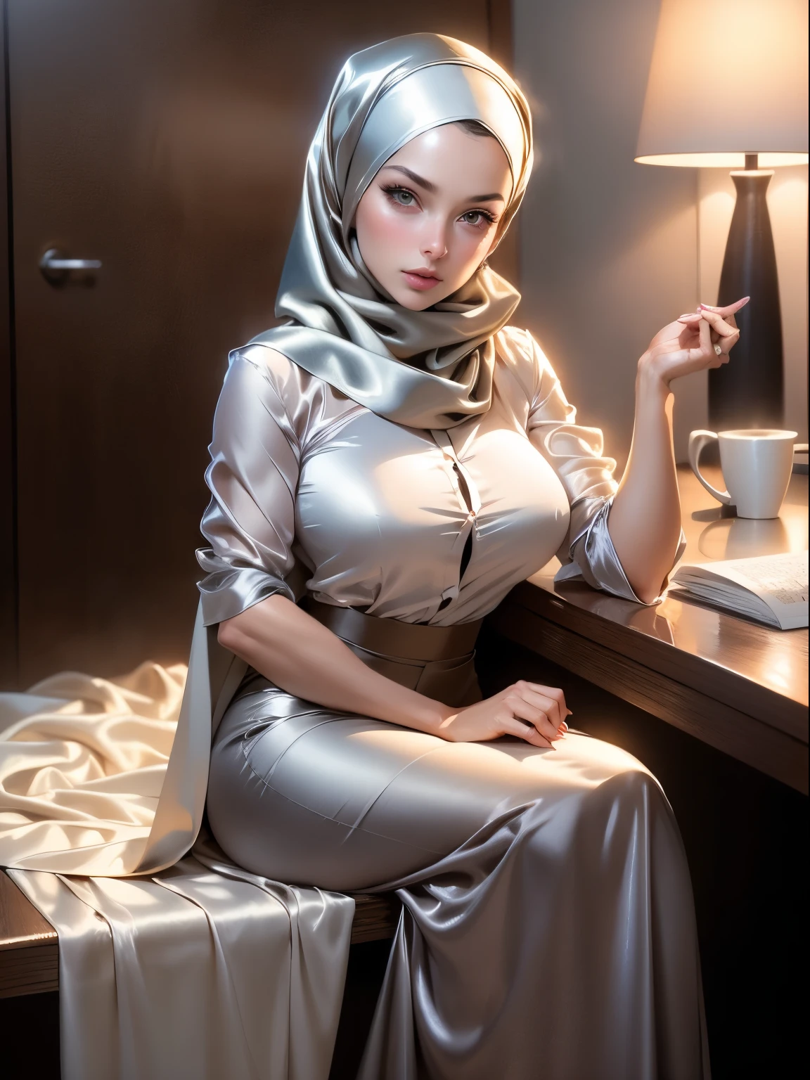 Photo of 35 year old European girl, MILF, RAW, beautiful woman, ((gray satin headscarf), loosely tide hijab style), office attire, ((portrait)), (Detailed face: 1.2)), (Detailed facial features)), manga eyeine skin), pale skin, high detail ((brown satin shirt and satin long maxi skirt)), slim body, (cold color), wet, moist, reflection, (masterpiece) ( Perfect proportions) (realistic photos) (highest quality) (detail) shot with Canon EOS R5, 50mm lens, f/2.8, HDR, (8k) (wallpaper) (movie lighting) (dramatic lighting) (sharp focus) (complex) fashion, full body, , sitting in the office, desk