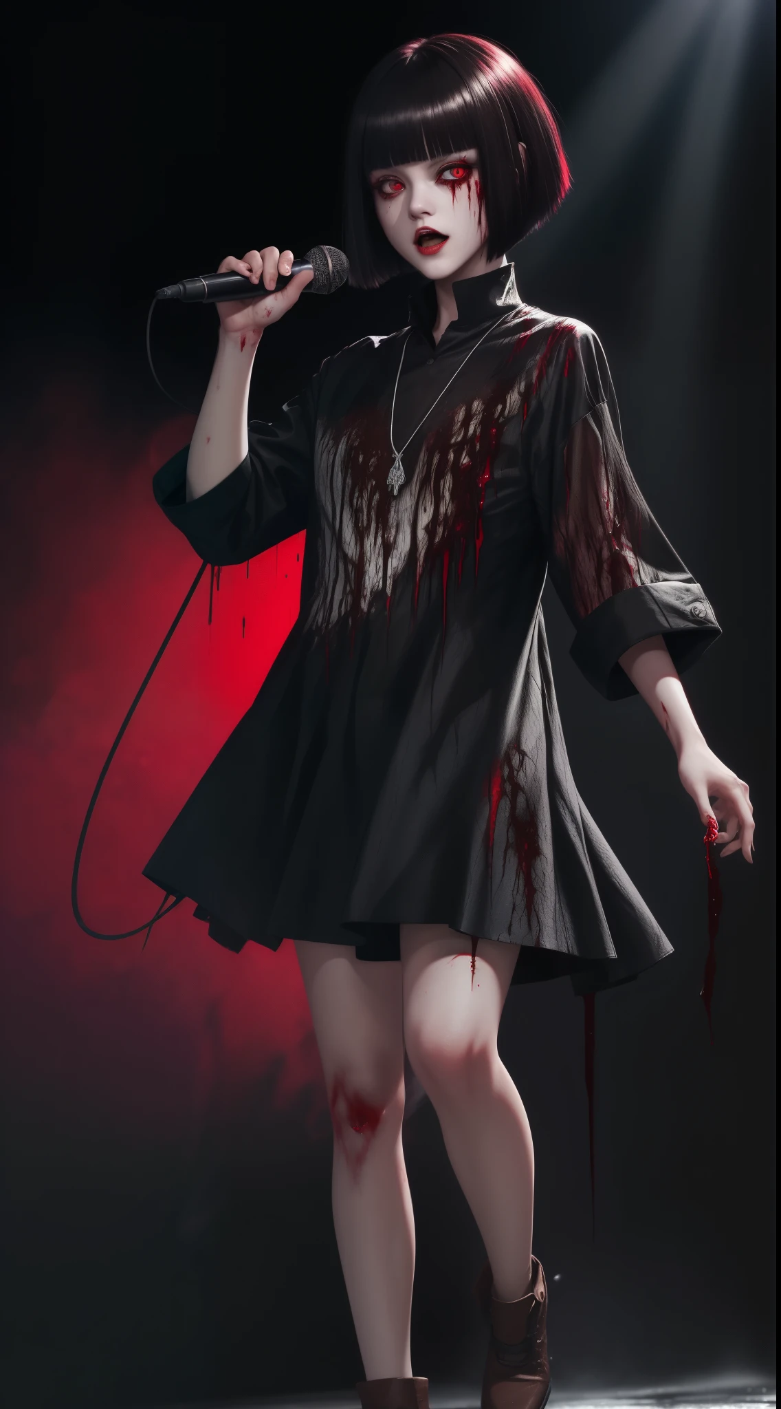 (masutepiece, Best Quality:1.2), Cover image, Splash color background, Highly detailed, Colorful black, 1 girl, Long silver hair, Singing on stage,Red Eyes, Short hair, Blunt bangs, mannequin, Cool Face, ((( brown cut clothes))), Illustration, horror art, terror, creepy, Blood, Blood eyes, gore,