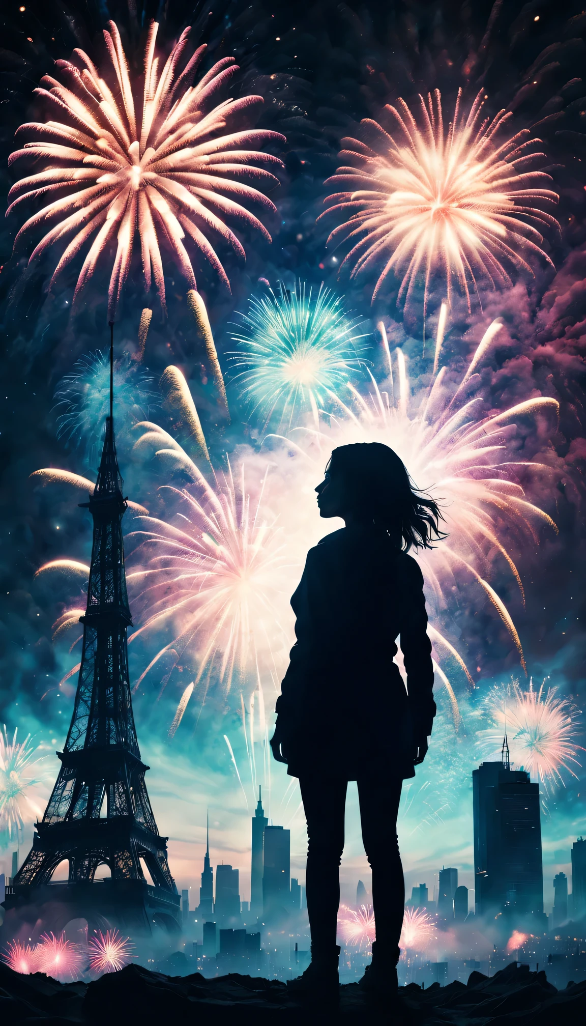 (filmposter),wide wide shot,Expansive night sky,new year,(A grand fireworks display),(Girl silhouette texture clear),(double exposure effect),vivd Coloong exposure technology),creative composition,artsy photography,hight contrast,soft focus,vague background,(multiple exposure),Different Perspectives,A futuristic,Tall structures、(Overlay the image)、Surreal atmosphere、(Best quality,4K,8K,A high resolution,tmasterpiece:1.2),ultra - detailed,(actual,photoactual,photo-actual:1.37),