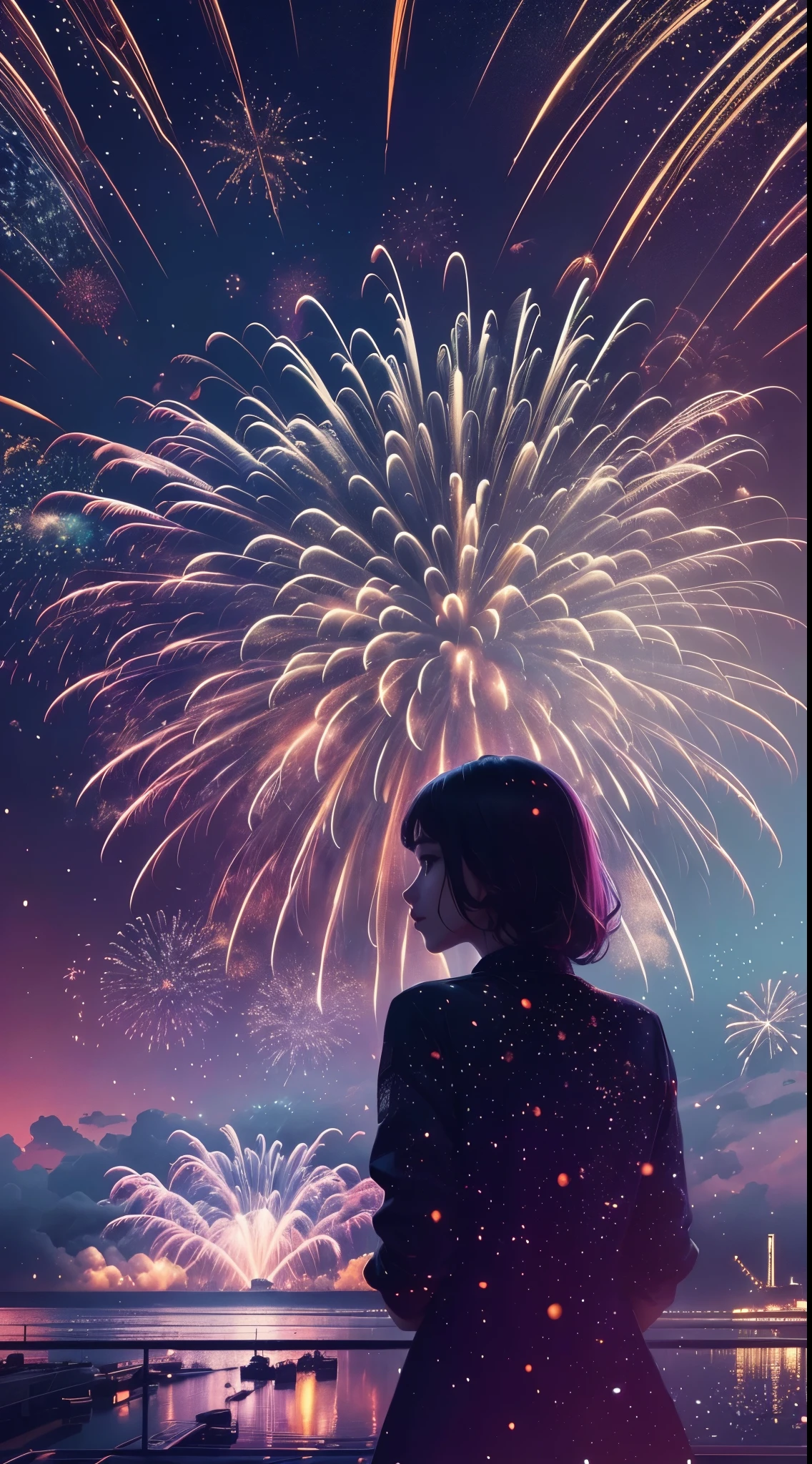 (filmposter),wide wide shot,Expansive night sky,new year,(A grand fireworks display),(Girl silhouette texture clear),(double exposure effect),vivd coloong exposure technology),creative composition,artsy photography,hight contrast,soft focus,vague background,(multiple exposure),Different Perspectives,A futuristic,Tall structures、(overlay images)、Surreal atmosphere、(Best quality at best,4K,8K,A high resolution,tmasterpiece:1.2),ultra - detailed,(actual,photoactual,photo-actual:1.37),