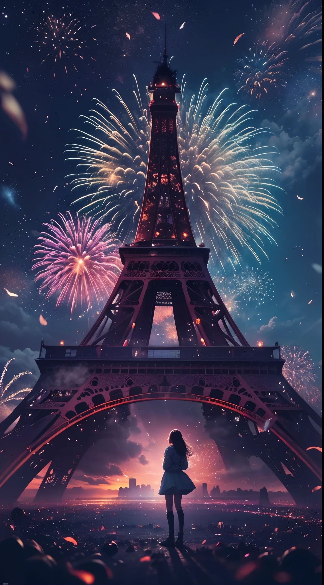 (filmposter),wide wide shot,Expansive night sky,new year,(A grand fireworks display),(Girl silhouette texture clear),(double exposure effect),vivd coloong exposure technology),creative composition,artsy photography,hight contrast,soft focus,vague background,(multiple exposure),Different Perspectives,A futuristic,Tall structures、(overlay images)、Surreal atmosphere、(Best quality at best,4K,8K,A high resolution,tmasterpiece:1.2),ultra - detailed,(actual,photoactual,photo-actual:1.37),