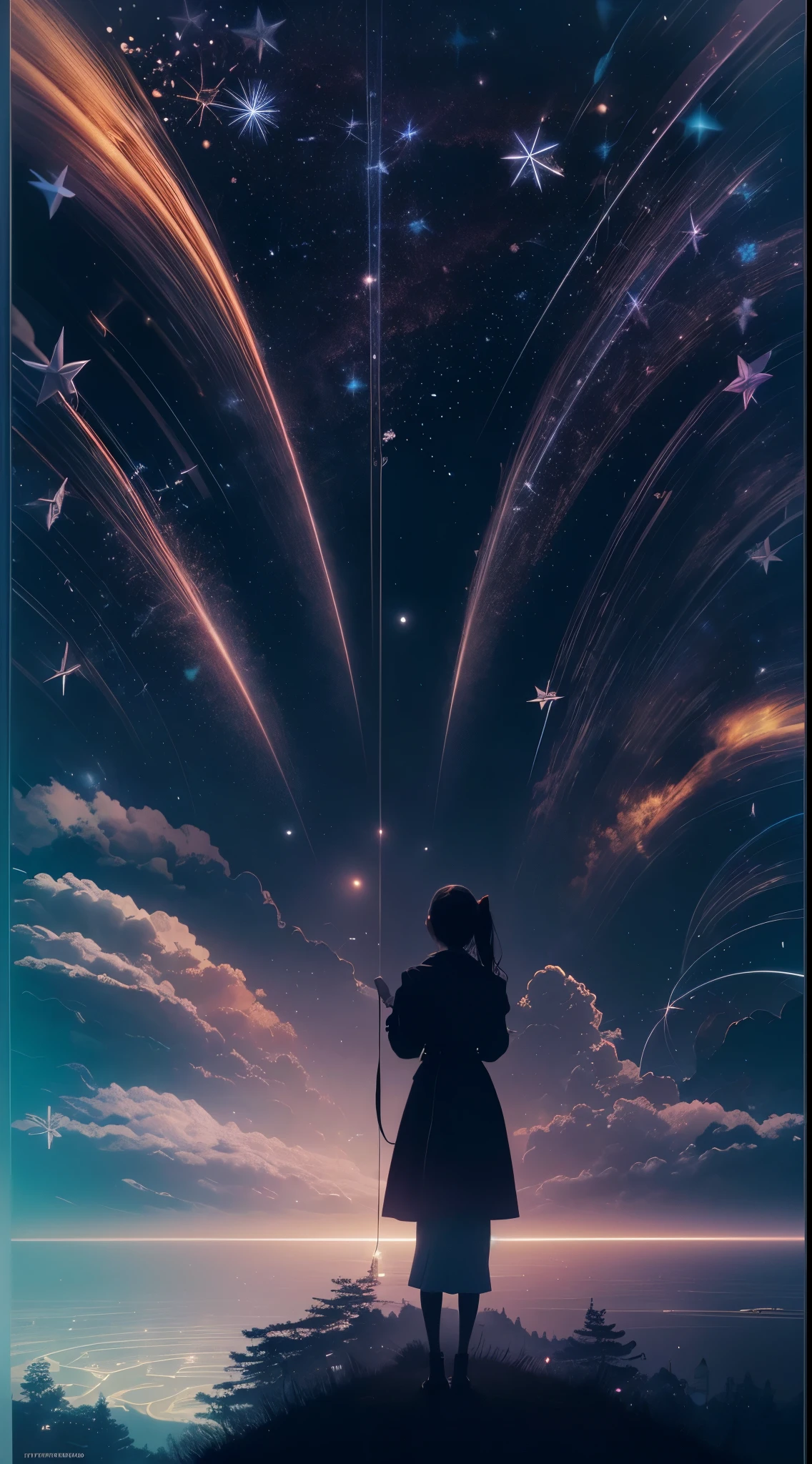 (filmposter),wide wide shot,Expansive night sky,new year,(A grand fireworks display),(Girl silhouette texture clear),(double exposure effect),vivd coloong exposure technology),creative composition,artsy photography,hight contrast,soft focus,vague background,(multiple exposure),Different Perspectives,A futuristic,Tall structures、(overlay images)、Surreal atmosphere、(Best quality at best,4K,8K,A high resolution,tmasterpiece:1.2),ultra - detailed,(actual,photoactual,photo-actual:1.37),