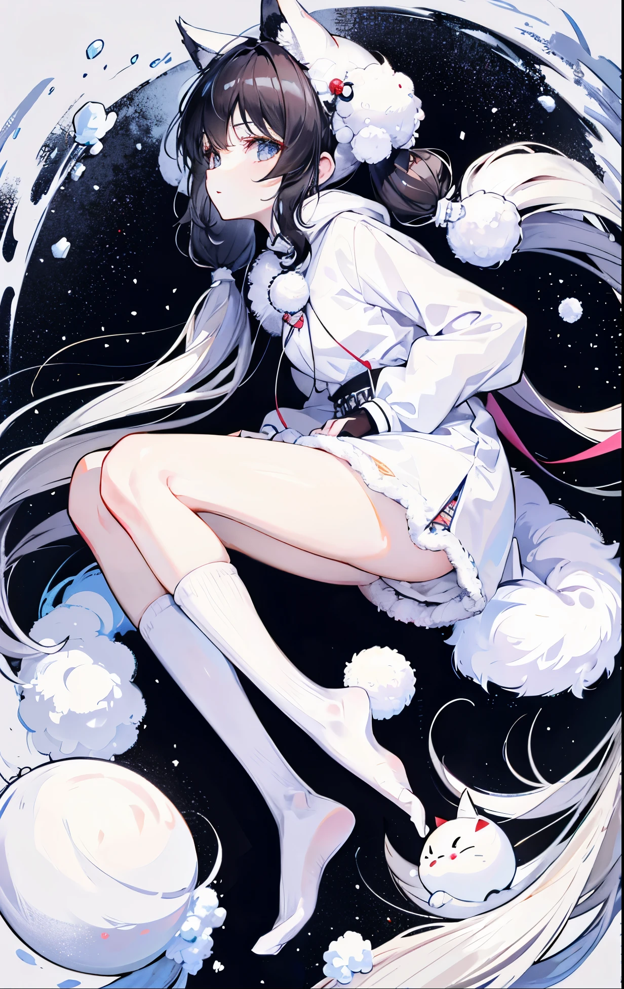 Snowball twintails,White skin of the,ccurateblack hair,With silver necklace,Over-the-knee white socks,Snowy fox earox tails,Very delicate JK clothing
