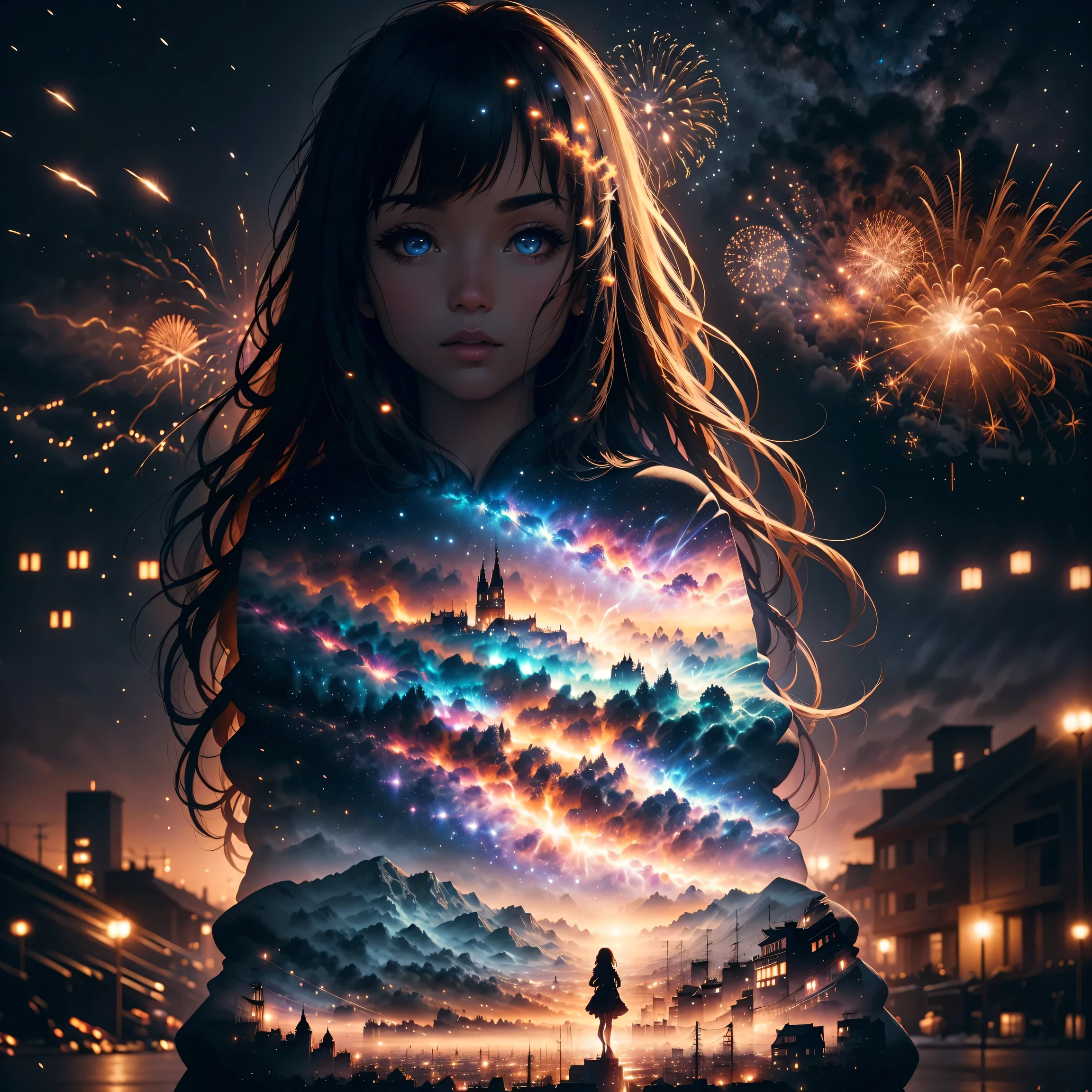 wide wide shot,Expansive night sky,new year,(A grand fireworks display),contours,(Girl contours texture clear),(double exposure effect),vivd Coloong exposure technology),creative composition,artsy photography,hight contrast,soft focus,vague background,(multiple exposure),Different perspectives of uturistic high-rise buildings、(Overlay the image)、Surreal atmosphere、(Best quality,4K,8K,A high resolution,tmasterpiece:1.2),ultra - detailed,(actual,photoactual,photo-actual:1.37),