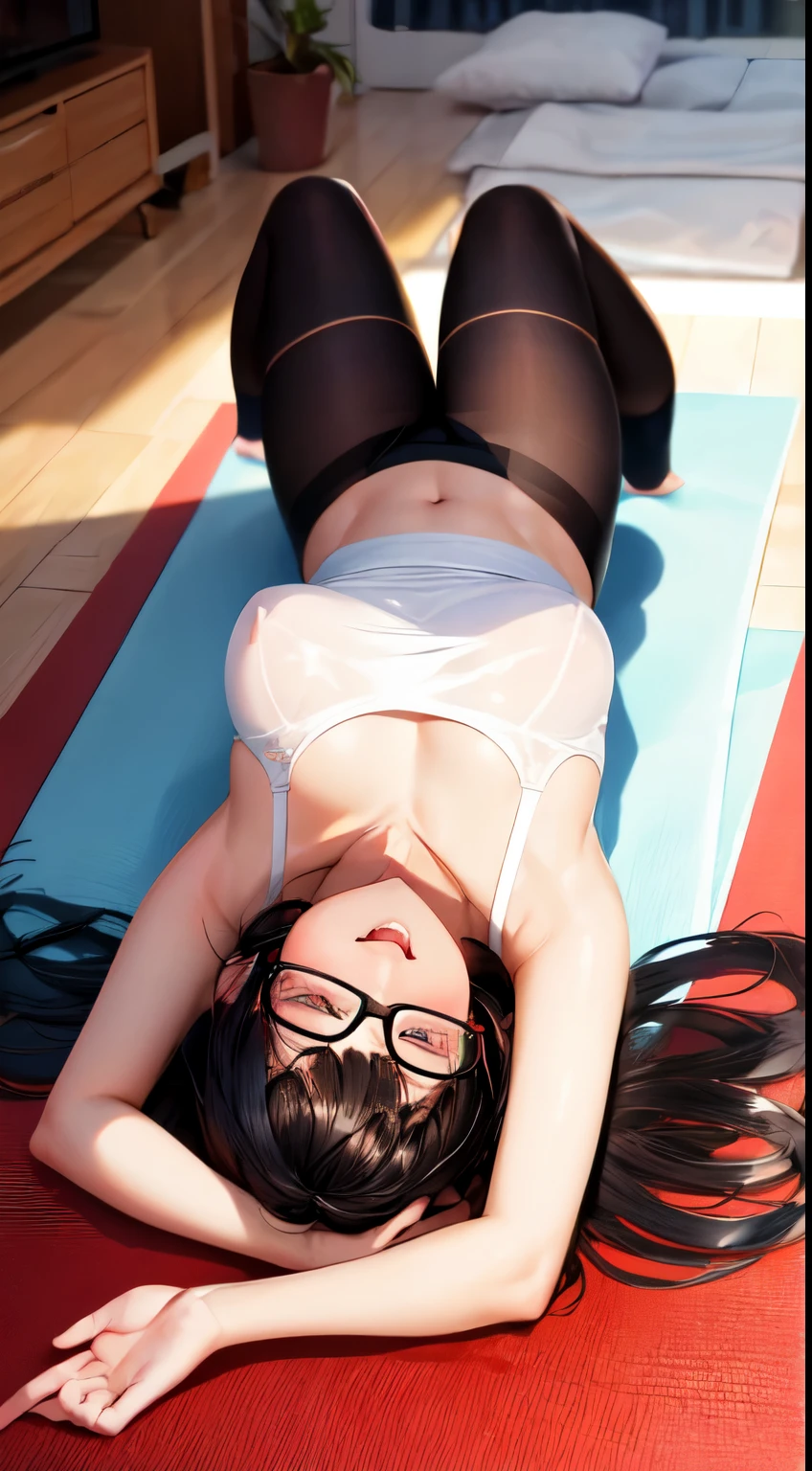 Beautuful Women,Sexy and charming,Wearing a transparent short skirt and black stockings,long whitr hair,The glasses are charming,Lying on the yoga mat