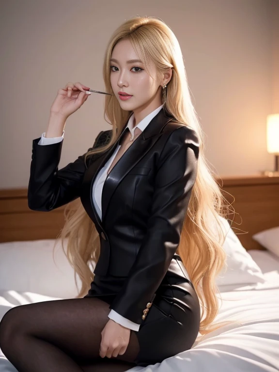 an beautiful,
(((tmasterpiece))), ((Best quality)), ((intricately details)), ((hyper realisitc)), Ridiculous resources, 摩洛解放阵线, Mature woman, (),Perspectives, The content is very detailed, lamplight, Perfect hands, detailed finger, 美丽细致lewd eyes, Long blonde hair, 棕色lewd eyes, CEO, (Professional Dress:1.2), Blazer in similar color scheme,Paired with thin lapel dress,Black leather pantyhose,Pink collar, ear nipple ring, livestock, detailedbackground, Bedrooms, 完美lewd eyes, lewd eyes, looking at viewert, seen from the side
