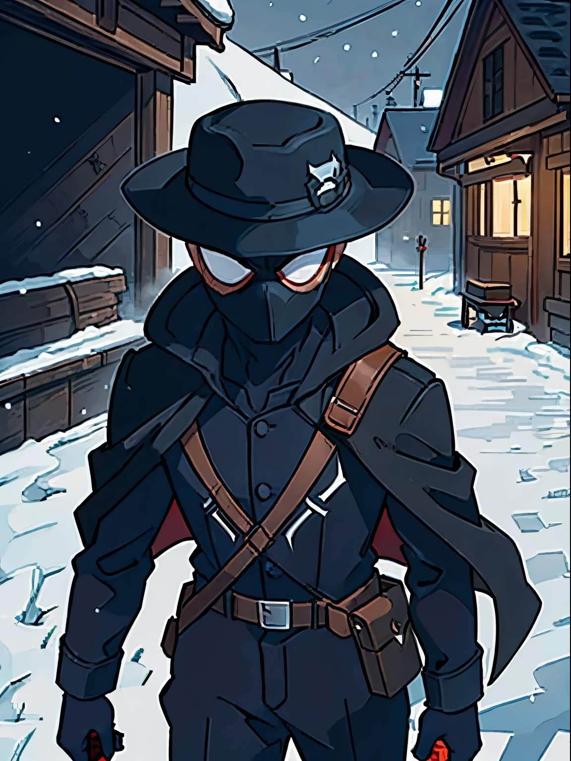 Spider-Man Noir, black catsuit, Pilot's uniform of the First World War, Pilot's Points, black mask, Detective's Cloak, Black Detective Hat, (wide brim hat), White eyes, Spider-Man X, 1800s, the night, winter, snowing, snowingflakes, snowingy, Christmas, black mask, superhero, Smoke, Masterpiece, Best Quality, (hight resolution) (Original) , (very detailed wallpaper) , very, hard shadows, Cinematic shot, dramatic lighting