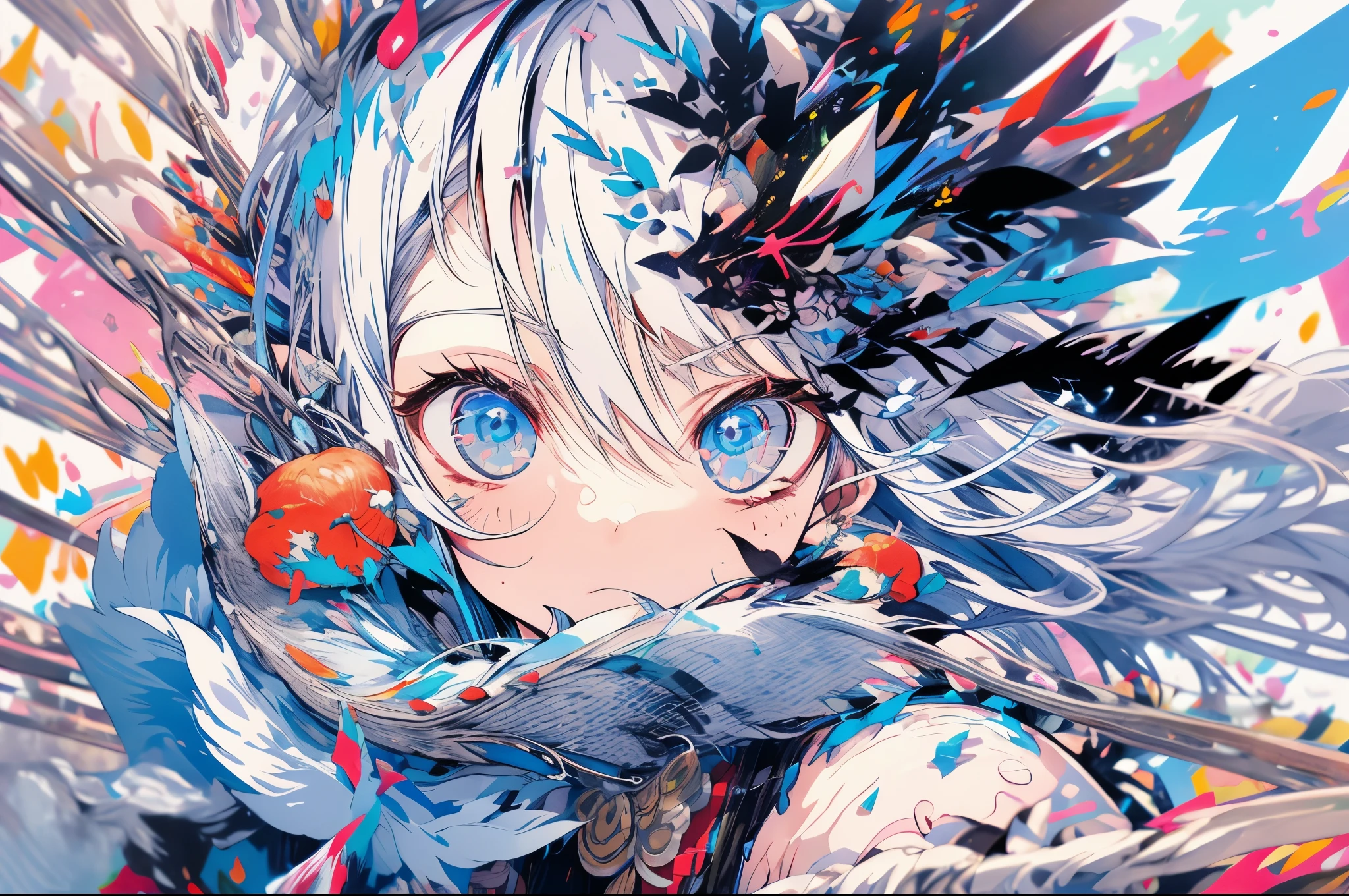 The best texture, high qulity, hyper HD, 8K, fully body photo, Panorama Figures, yuki, flying yukiflakes, dancing in the yuki, girl, Full of Miao silver jewelry, HmongCostume, Silver phoenix crown, Melon seed face, Super detailed face, eBlue eyes, long eyebrow, White skin of the, sliver long hair, long and flowing hair, Rises with the wind, yukiflake colorful gifts, actual, The is very detailed, high detal, ultraclear,