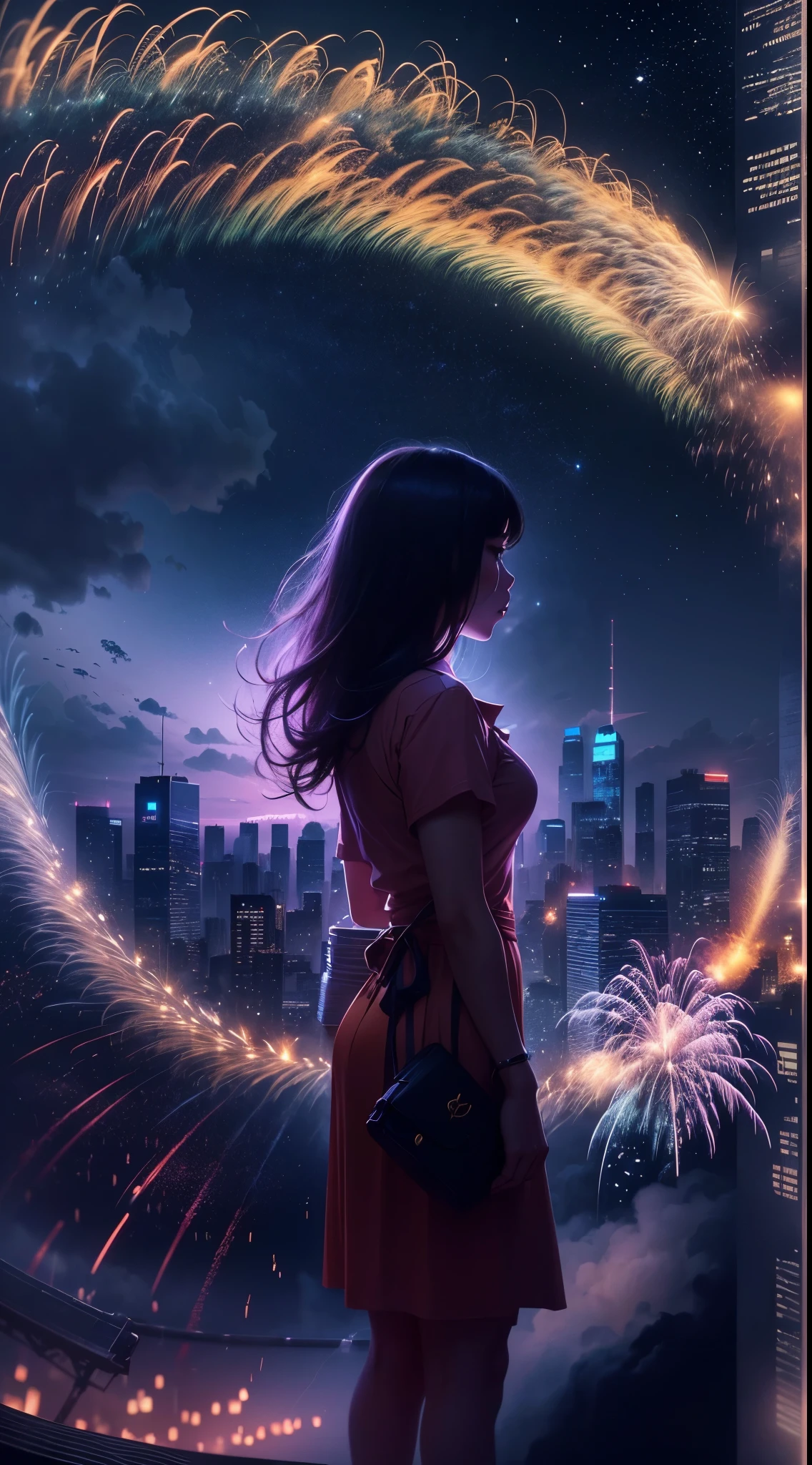 Holiday poster,2024 年new year快乐,Expansive night sky,new year,(A grand fireworks display),(Girl silhouette texture clear),(double exposure effect),vivd colour,creative composition,artsy photography,hight contrast,soft focus,vague background,(multiple exposure),Different Perspectiveuturistic high rise building、(overlay images)、Surreal atmosphere、(Best quality at best,4K,8K,A high resolution,tmasterpiece:1.2),ultra - detailed,