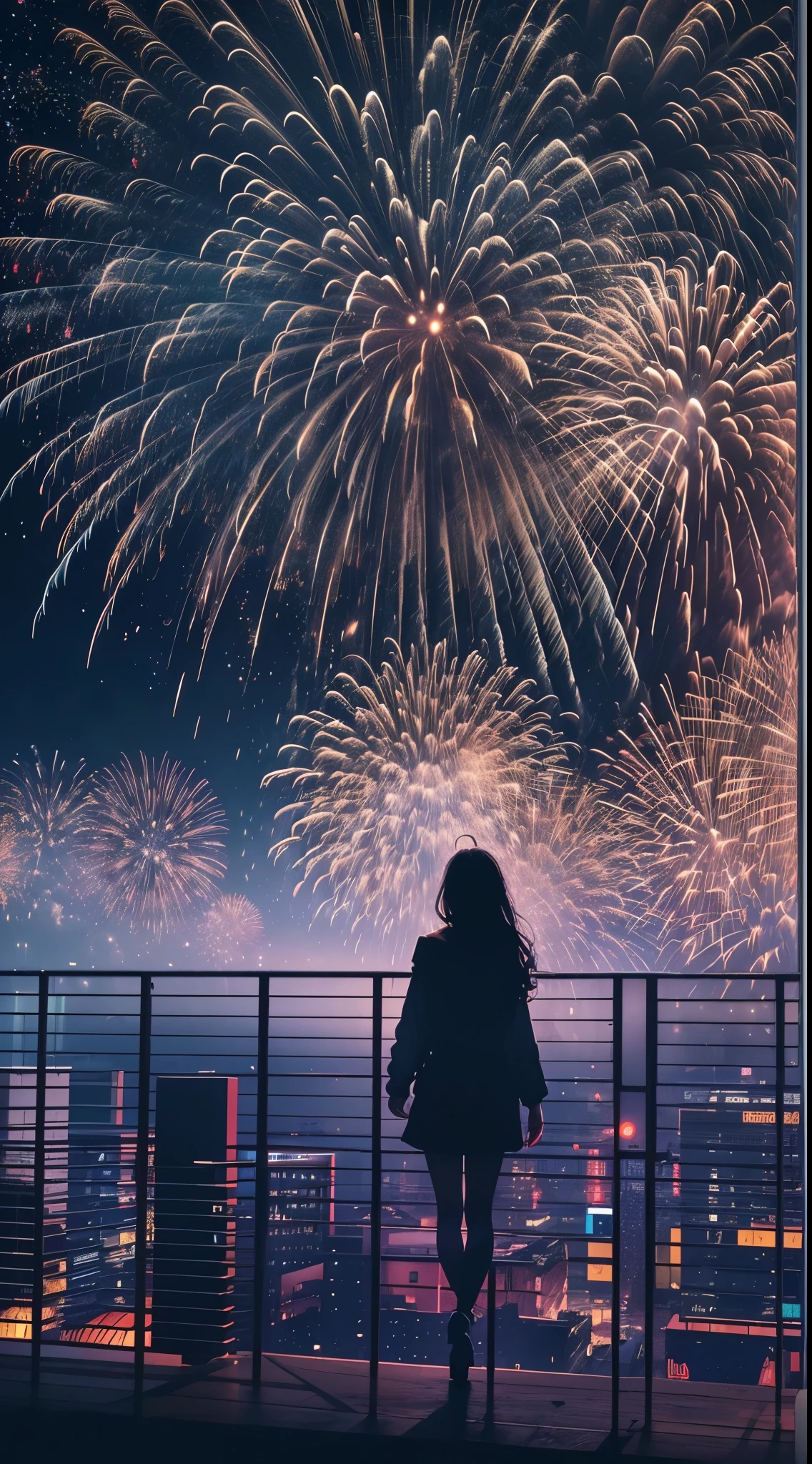sci fi  movie，(filmposter)，wide wide shot，Expansive night sky，new year，(A grand fireworks display)，(Girl silhouette texture clear)，(double exposure effect)，vivd colour，creative composition，artsy photography，hight contrast，soft focus，vague background，(multiple exposure)，Different Perspectiveuturistic high rise building、(overlay images)、Surreal atmosphere、(Best quality at best,4K,8K,A high resolution,tmasterpiece:1.2),ultra - detailed,