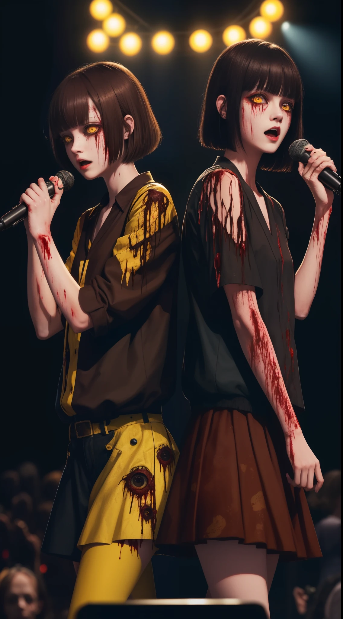 (masutepiece, Best Quality:1.2), Cover image, Splash color background, Highly detailed, Colorful black, band of two girls, Long, Singing on stage,Yellow eyes, Blunt bangs, mannequin, Cool Face, ((( brown cut clothes))), Illustration, horror art, terror, creepy, Blood, Blood eyes, gore,