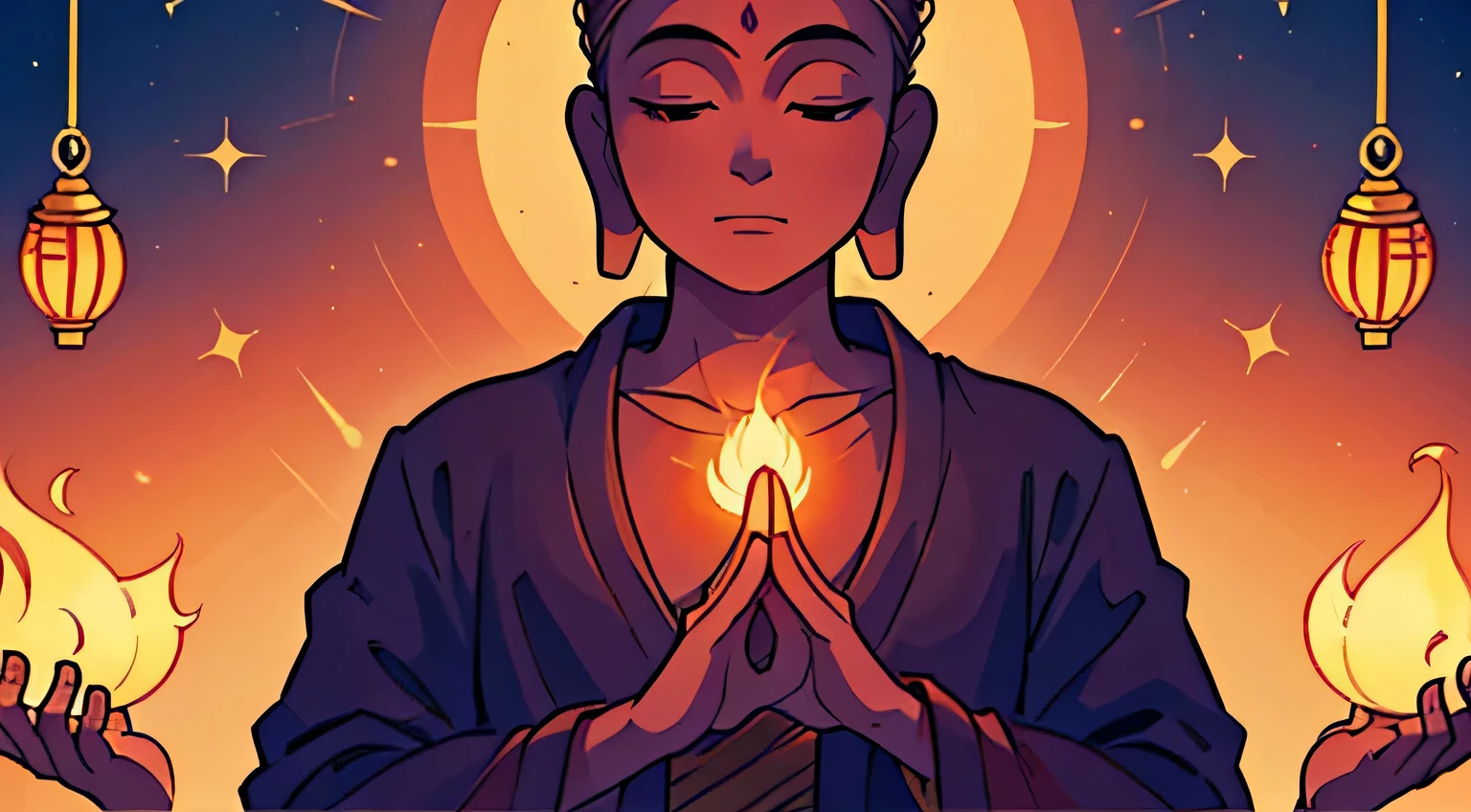 Analyze the composition of the image showing the Buddha extending his right hand in a gesture of loving-kindness. How does this convey compassion?
Explore the use of color and light to enhance the peaceful and calming aura around the Buddha.