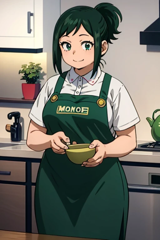 best quality, masterpiece, portrait, 
1girl, midoriya inko, green hair,  short hair, short ponytail, green eyes, large breasts, curvy, plump, shirt, apron, indoors, kitchen, looking at viewer, smile,