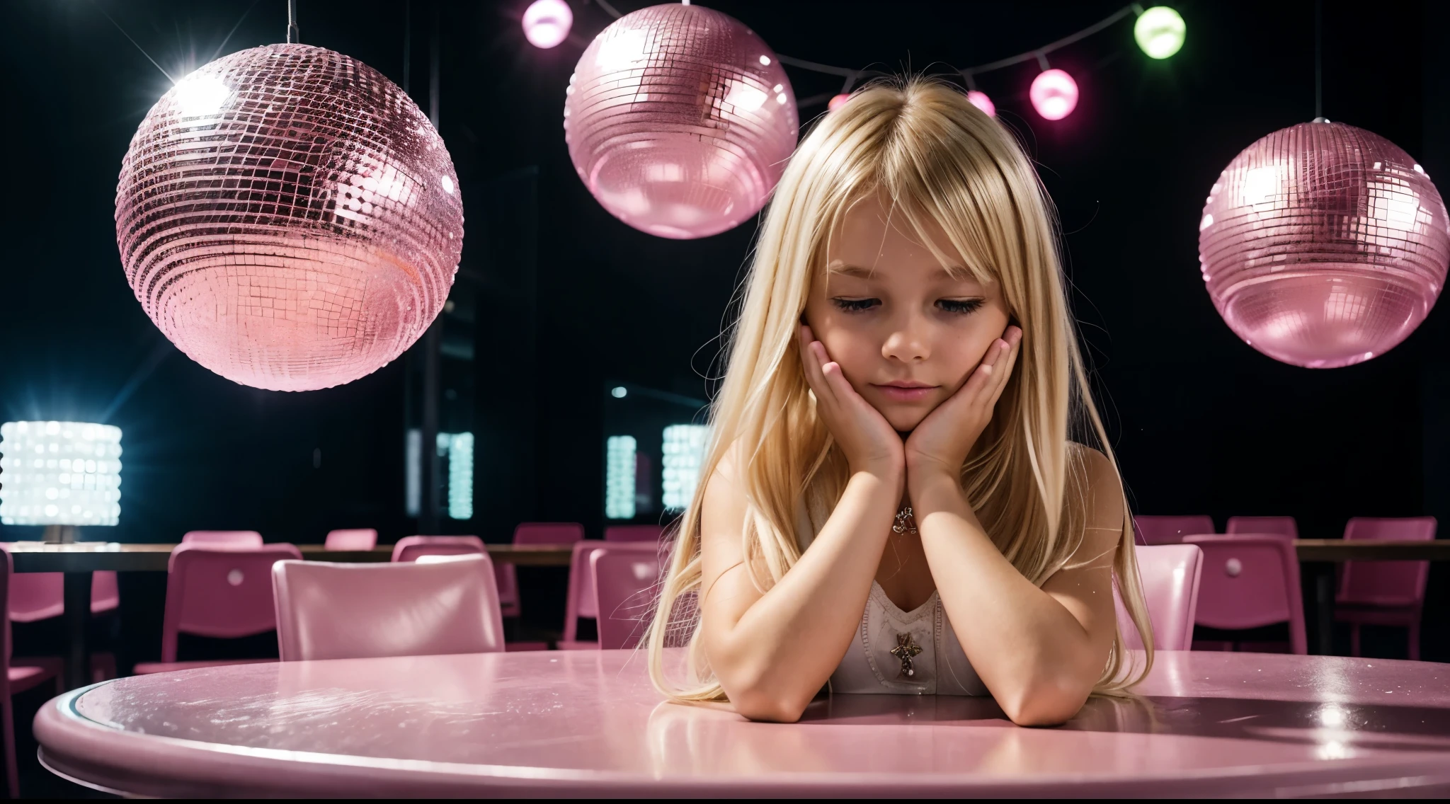 blonde girl CHILD put her hands together in prayer, there is a pink table with a disco ball, a pair of pink shoes, a cup of coffee and a disco ball,