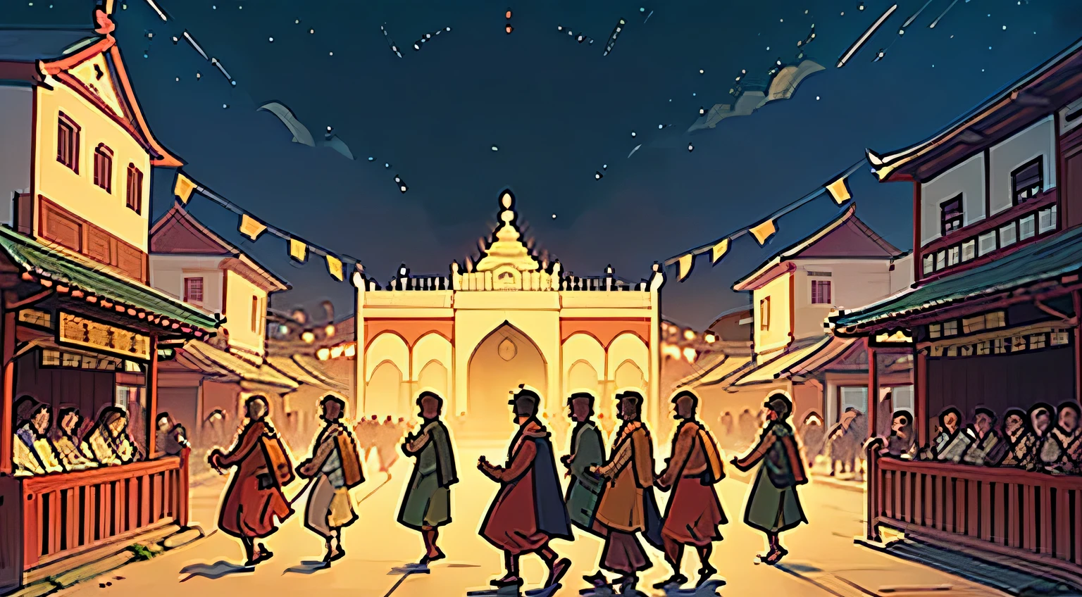 What emotions are conveyed in the faces of the people as they gather to witness the Buddha's arrival in Rajagaha?
How is the Buddha depicted as he approaches the city gates with a procession of monks?