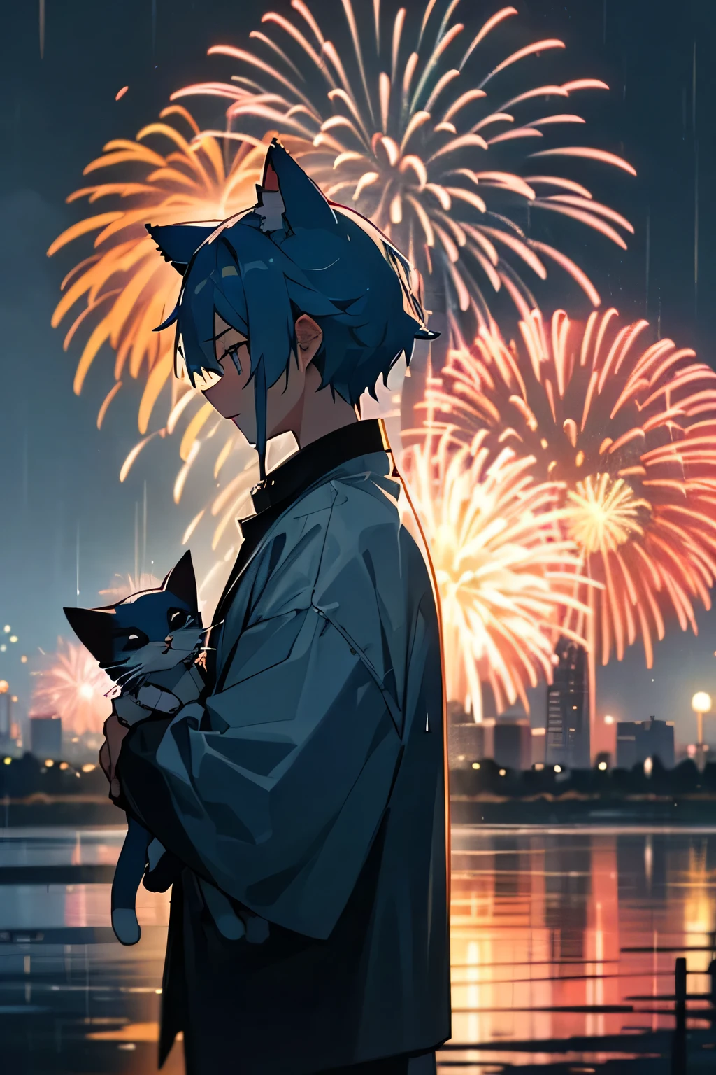 In the rainy night sky、Colorful large fireworks bloom magnificently、Fireworks blast blows away the surrounding rain clouds、Clear the sky。Below that、A person who have a blue hair and cat ears looking at fireworks, his profile was illuminated by the light of fireworks.、In the background, Cityscape changing from rain to sun.。The spectacle is nostalgic and fantastic