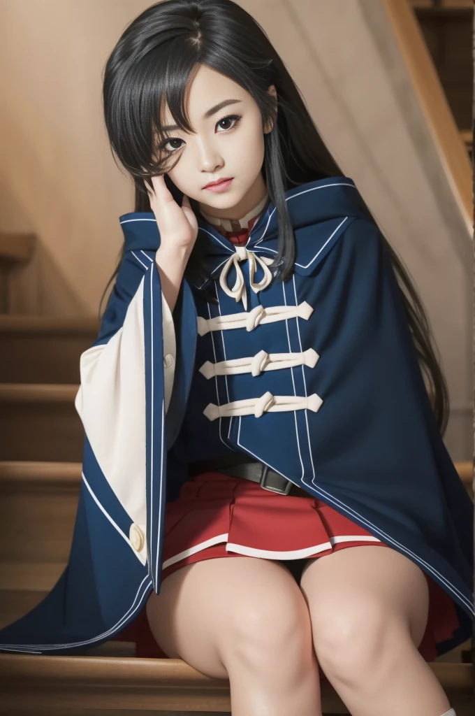 ä ̧ƒæ ̃Ÿé Tmé¦TM,black eyes,black hair,long hair,bangs,sidelocks,very long hair,nsfw,hand on own face,
pleated skirt,red skirt,blue cape,black belt,long sleeves,striped bow,red bow,bowtie,ribbon,wide sleeves,white panties,Upskirt view,Provocative angle,soft light,sitting on stair,, Exquisite visuals, high-definition,masterpiece,best quality,