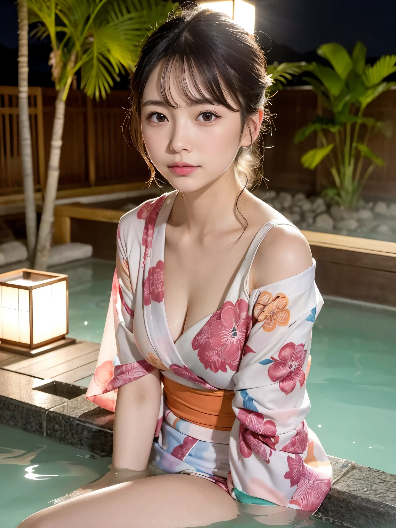 (colorful printed japanese Kimono: 1.2), ((of the highest quality, 8K, masutepiece: 1.3, Raw photo)), Sharp Focus: 1.2, (1 AESPA Girl :1.1), Solo, (Realistic, Photorealistic: 1.37), (Face Focus: 1.1), Cute face, hyperdetailed face, short messy hair, updo, Small breasts, flat chest, (open-air bath at night in a hot spring in Japan: 1.2), (blush: 1.2), (girl is Lying on the hot water: 1.3), moon light, Thigh