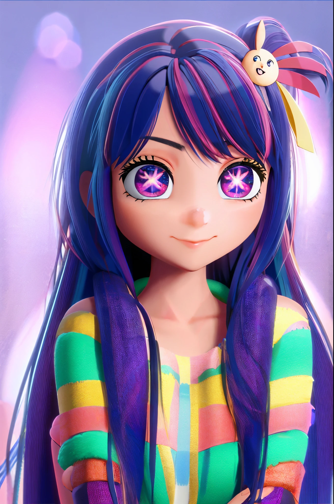 Hoshino Ai, long hair, purple hair, streaked hair, purple eyes, star-shaped pupils, hair ornament, 3D_Pixar_style on an netrual greenscreen