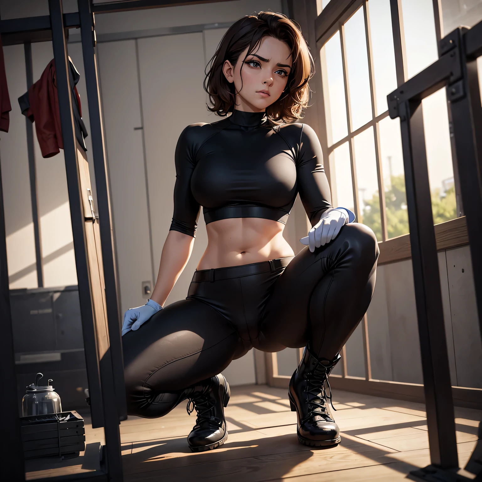 masterpiece, best quality, black pants, white tight shirt with a midriff cutout, looking in love at viewer, wavy hair, brown hair, short hair, age 22, high legs, boots, gloves, secret spy, muscular, tied up, humiliated, caged, electroshock cage, no escape, she trap in the cage, she angry and weak, full body