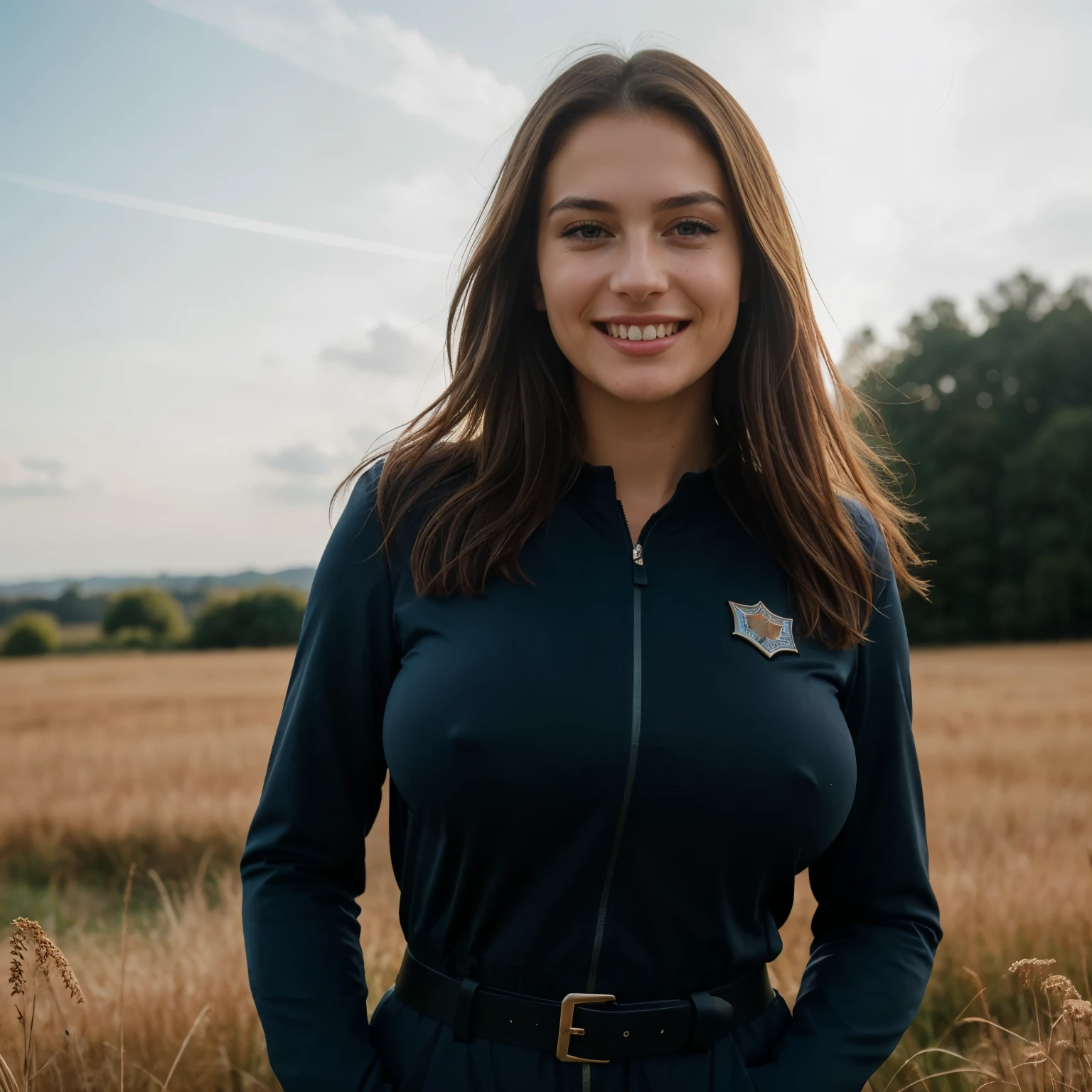 RAW, analog, Nikon Z 85mm,((best quality)), ((masterpiece)), ((realistic)),vintage image, gorgeous French woman, 18 year old, posing in a grass field, wearing sexy policewoman suit, big smile with teeth showing, (freckles:0.6), intricate details, highly detailed, sharp focus, professional, 4k, god rays, hand model, stunning blue eyes, petite, highres, detailed facial features, high detail, sharp focus, smooth, extremely detailed, photo_\(ultra\), photorealistic, realistic, post-processing, max detail, roughness, real life, ultra realistic, photorealism, 8k uhd, SEMHOUETTE light, russian face, big breast, curvy, roundy hips, very tight erotic policeman suit