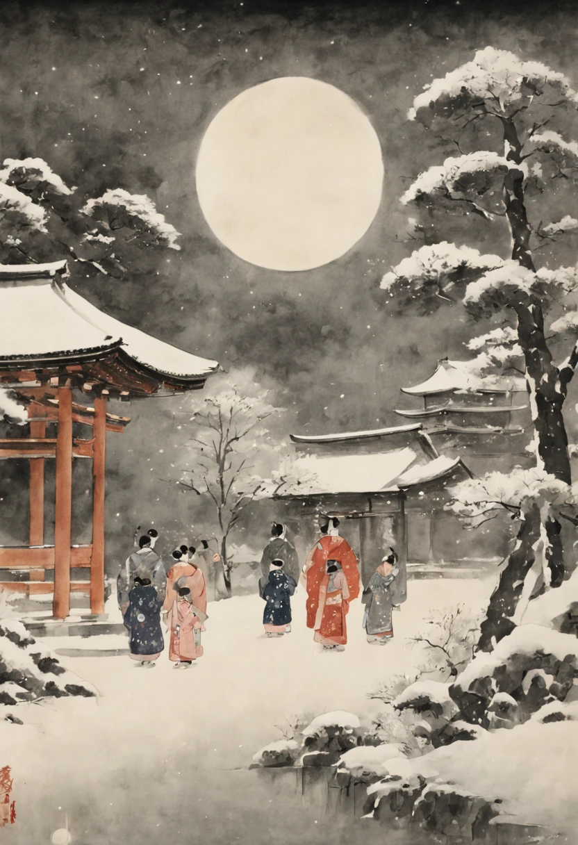 A horizontal New Year's scroll painting in Japanese sumi-e style showing a tranquil shrine in Kyoto with families dressed in elegant kimono ringing the temple bell at midnight to welcome the new year. Snow is falling gently and the full moon illuminates the pine trees.