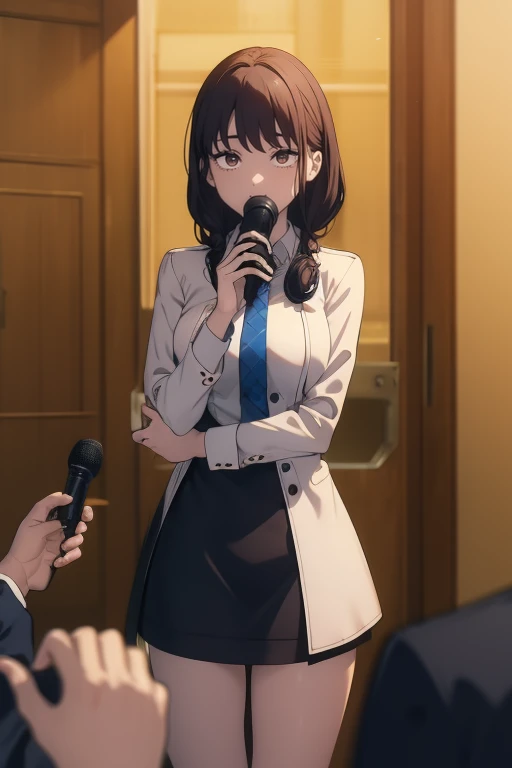 ((masterpiece, best quality)), 1girl, (press meeting), reporters, (full piece suit), full pose, side angle, browneyes, medium length hair, brown hair, crowd, microphones