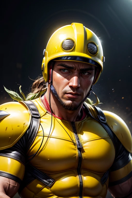 miojo man, hero in the style of DC comics, yellow tematic outfit, helmet with peas and corn grains on a miojo, photorealistic, super realistic, master piece, 8k