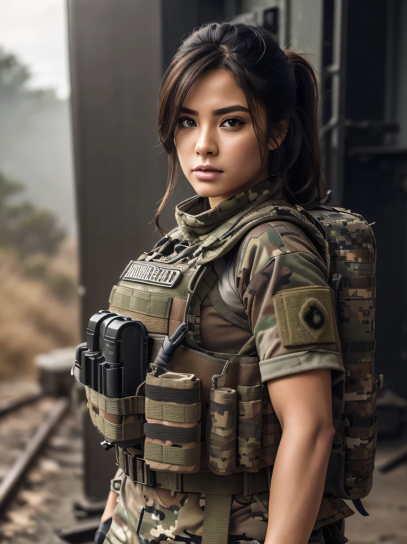 ((masterpiece、top-quality、realisitic、ultra-detailliert、hight resolution、Photorealsitic、foco nítido、lighting like a movie))、Stunning portrait of a beautiful woman、bustshot、Focus from the chest up、sad Facial expression、Beautiful detailed eyes、Medium Hair、Army camouflage uniform、Camouflage Tactical Vest、Long trousers with camouflage pattern、Combat gloves、rucksack、Black Military Undershirt、Tanks on the background、White smoke、Detailed hand depiction、Latina