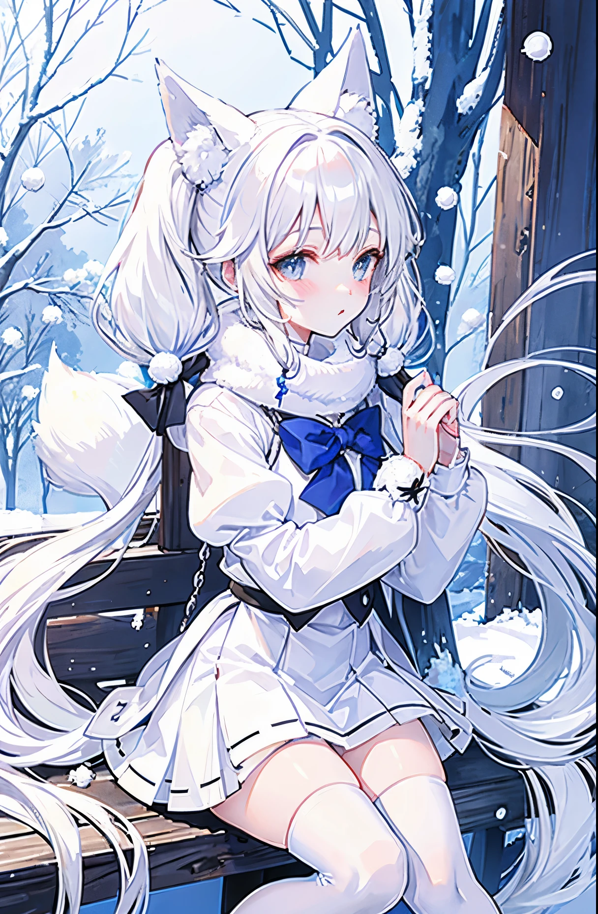 Snowball twintails，White skin of the，With silver necklace，Over-the-knee white socks，Snowy fox ears，Snow white fox tail，JK Uniform