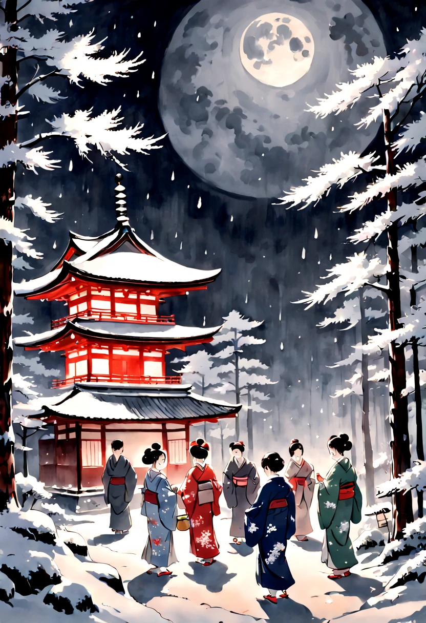 A horizontal New Year's scroll painting in Japanese sumi-e style showing a tranquil shrine in Kyoto with families dressed in elegant kimono ringing the temple bell at midnight to welcome the new year. Snow is falling gently and the full moon illuminates the pine trees.