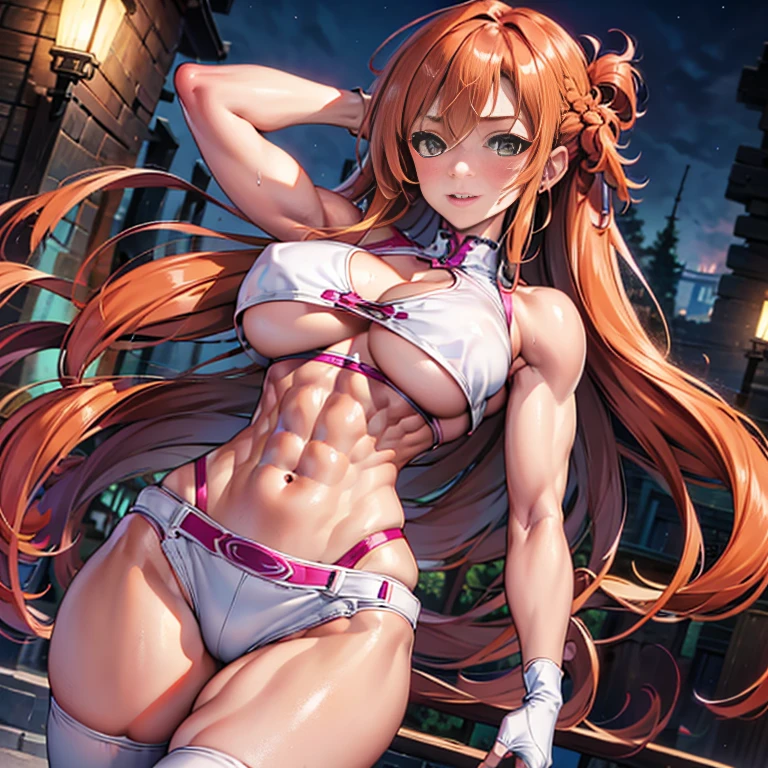masterpiece, best quality, asagi, 1girl, breasts, solo, sweat, purple bodysuit, large breasts, cleavage, smile, (abs:1.6), toned, looking at viewer, hand on hip, blush, huge breasts, blue hair, long hair, bangs, hair between eyes, green eyes, night, (muscular:1.3)