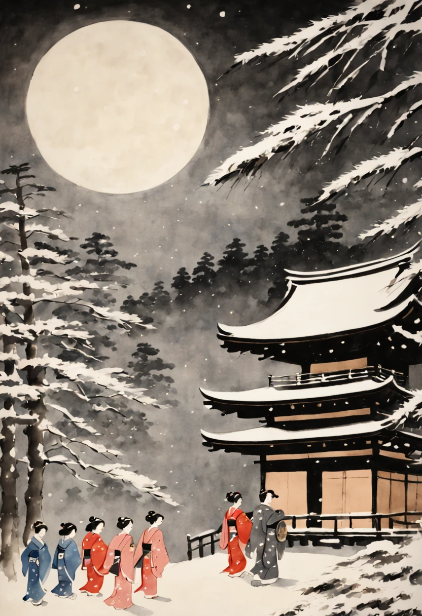 A horizontal New Year's scroll painting in Japanese sumi-e style showing a tranquil shrine in Kyoto with families dressed in elegant kimono ringing the temple bell at midnight to welcome the new year. Snow is falling gently and the full moon illuminates the pine trees.