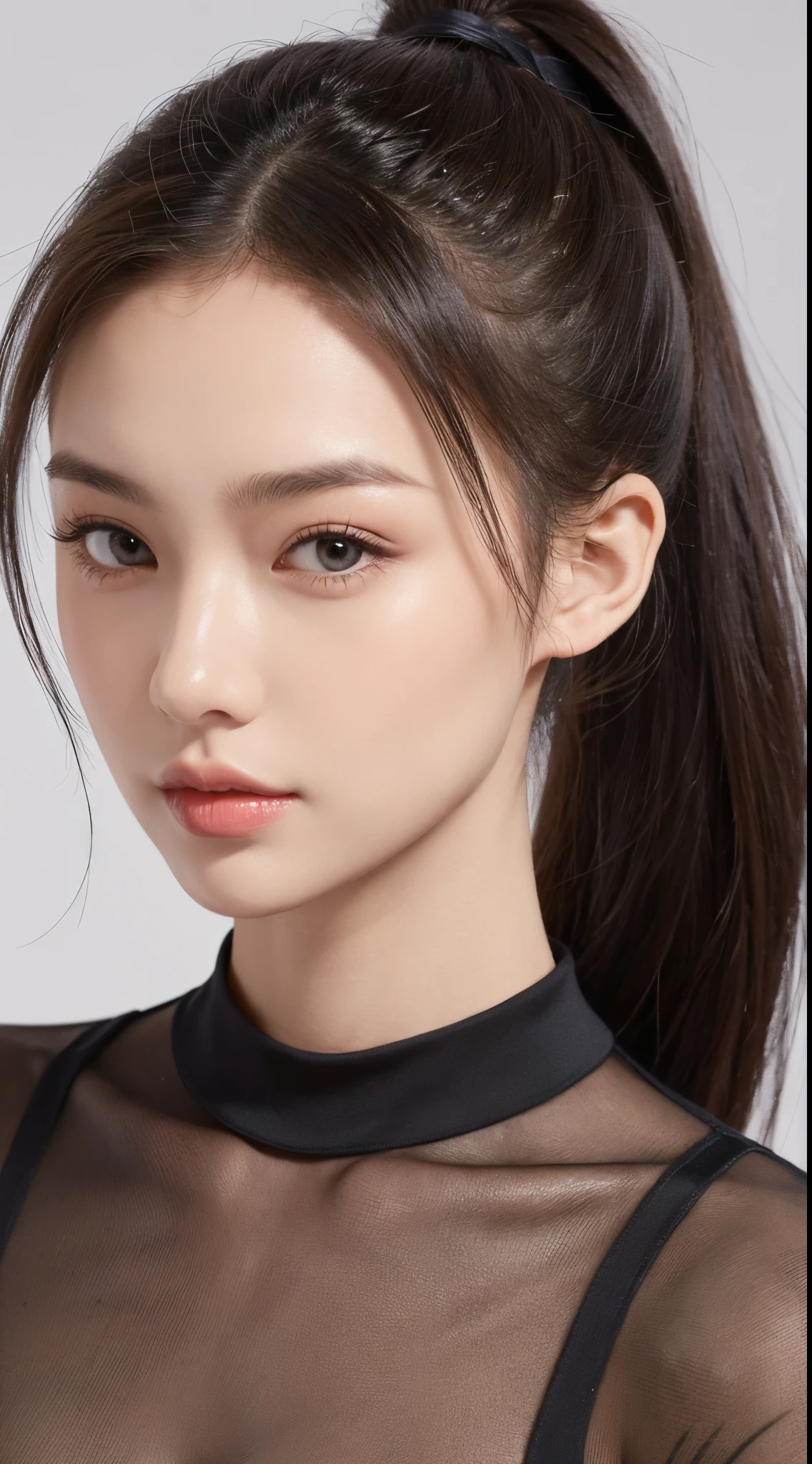 A beautiful woman wearing swear with ponytail hair, white ponytail hair, cute face , perfect body, ponytail hair