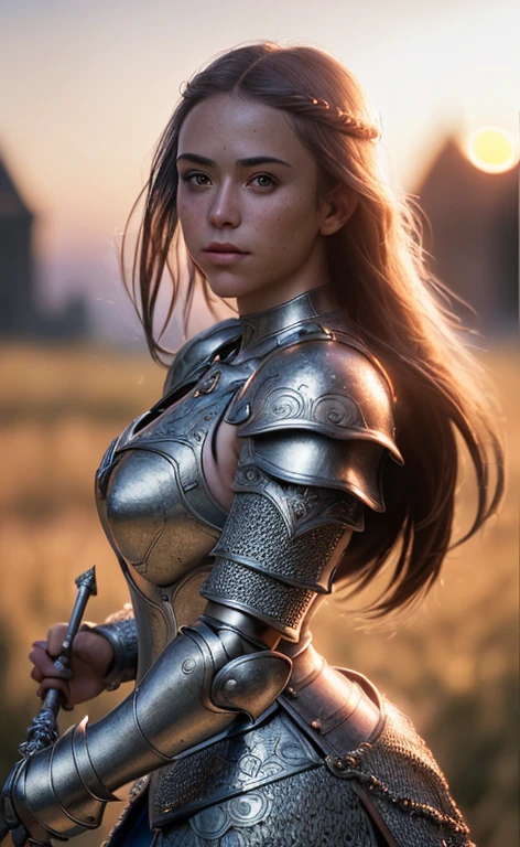 (masterpiece), (extremely intricate:1.3), (realistic), portrait of a girl, the most beautiful in the world, (medieval armor), metal reflections, upper body, outdoors, intense sunlight, far away castle, professional photograph of a stunning woman detailed, sharp focus, dramatic, award winning, cinematic lighting, octane render unreal engine, volumetrics dtx, (film grain, blurry background, blurry foreground, bokeh, depth of field, sunset, motion blur:1.3), chainmail