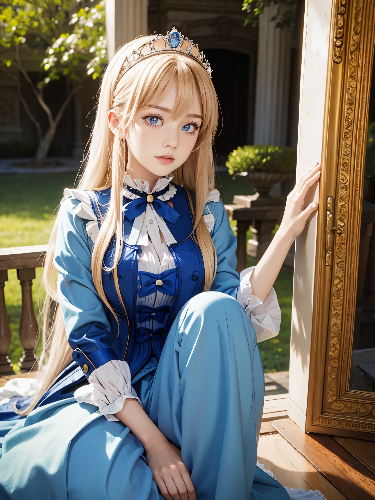 Raw Photography, High Resolution, Realistic, Masterpiece, 20 year old, Mia Luna Tearmoon, Looking at Viewer, Solo, Full Body Shot, Victorian Era, Garden Mansion, Long Blonde Hair, Blue Eyes, Tiara