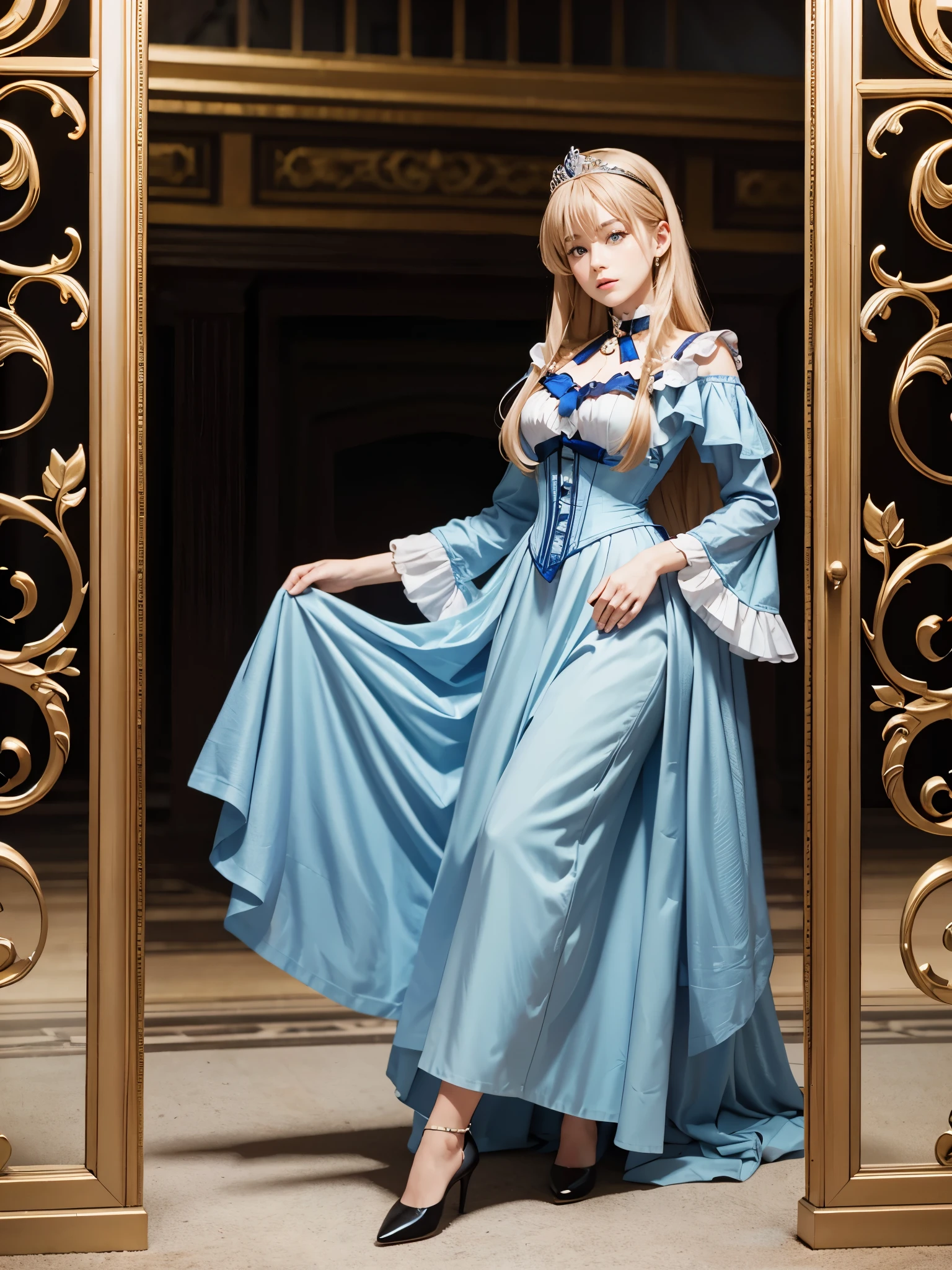 Raw Photography, High Resolution, Realistic, Masterpiece, 20 year old, Mia Luna Tearmoon, Looking at Viewer, Solo, Full Body Shot, Victorian Era, Garden Mansion, Long Blonde Hair, Blue Eyes, Tiara