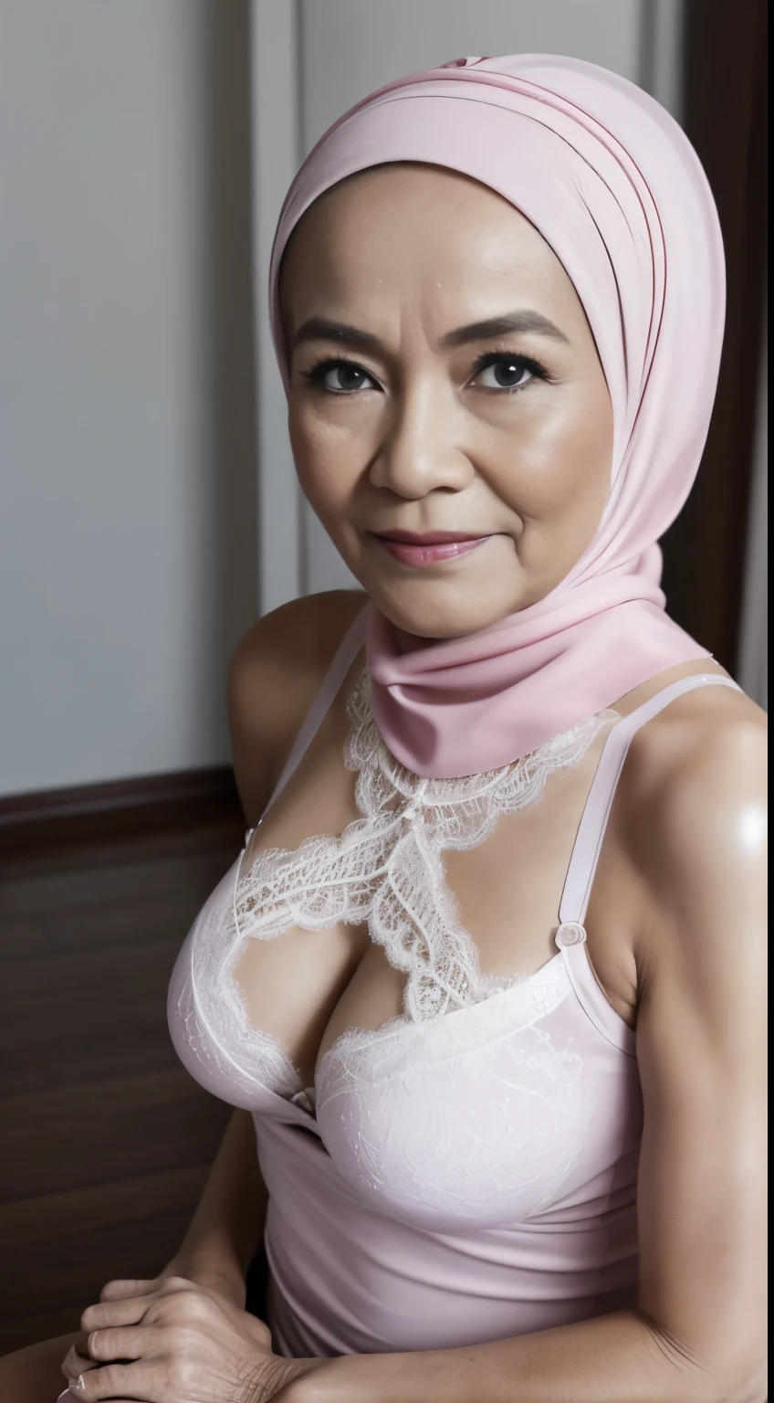 86 Years old, Indonesian mature woman, wearing Hijab, white skin like porcelain, Perfect body, Full body, natural Gigantic mature breast : 98.9, gorgeous eyes, Soft smile, wear a Tight Lace Bra, Wet Lace Bra :12.8, Sweaty body : 5.9, Breast about to burst out, Saggy BREASTS, (PINK ), NIKE, NET STOCKINGS.