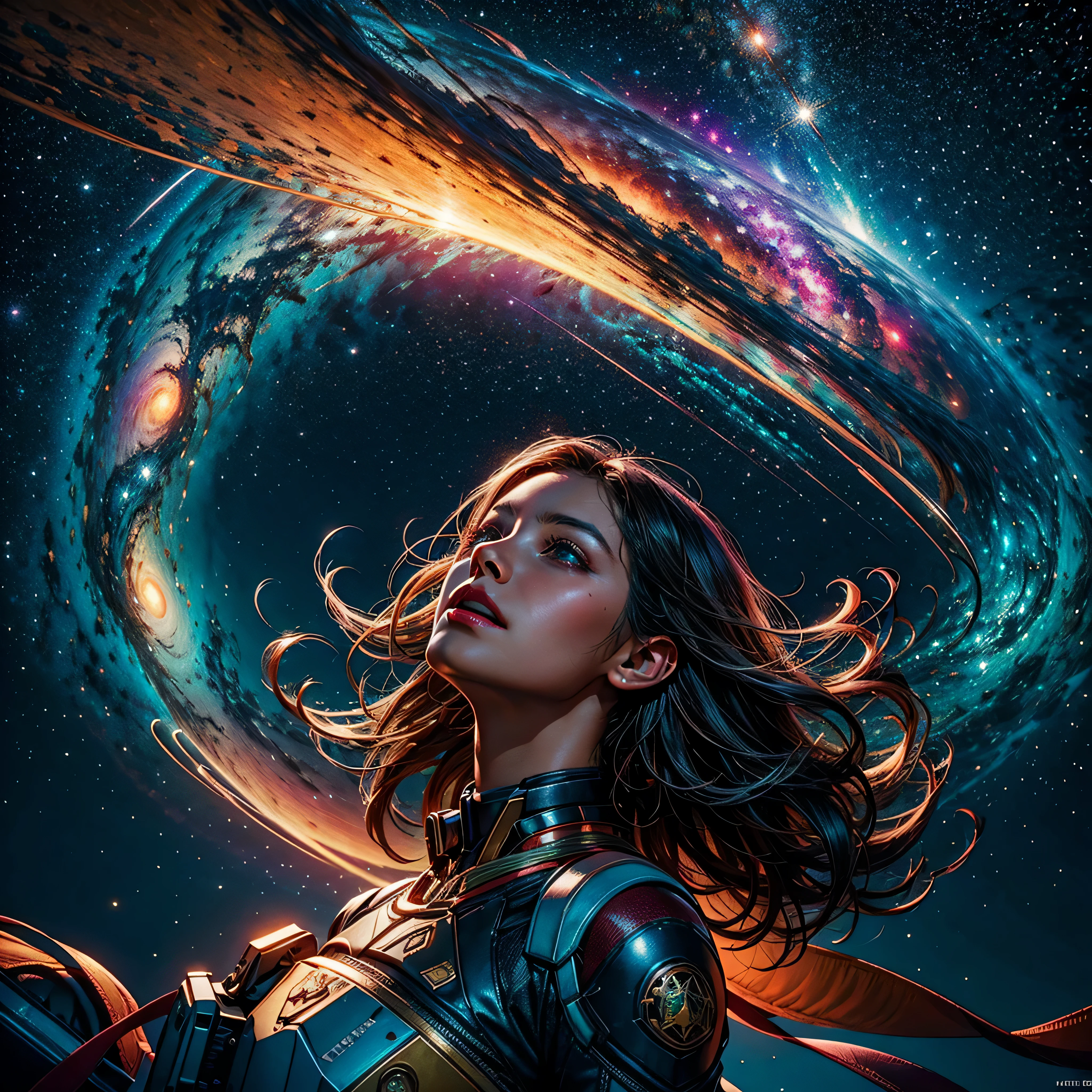 A stunningly intricate silhouette against a cosmic backdrop, the fabled nebula navigator stands out in a macro photograph. This image captures a painting-like scene, showcasing the navigator's sleek curves and intricate details in vivid detail. Splashes of vibrant colors dance across the frame, highlighting the navigator's ethereal beauty. The high-quality image transports viewers to a fantastical world where stars and nebulae swirl around this enigmatic figure, inviting them to explore the wonders of the universe.