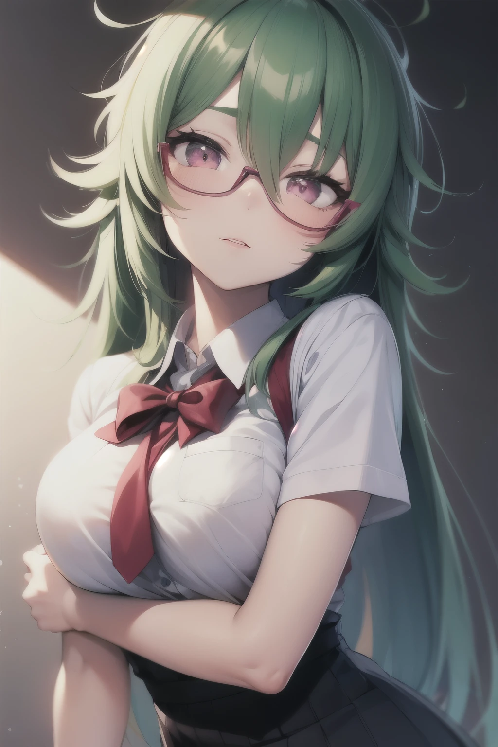 masterpiece, 1girl, best quality, expressive eyes, perfect face, green hair, long hair, hair between eyes, ((messy hair)), deep pink eyes, red glasses, school uniform, medium tits,