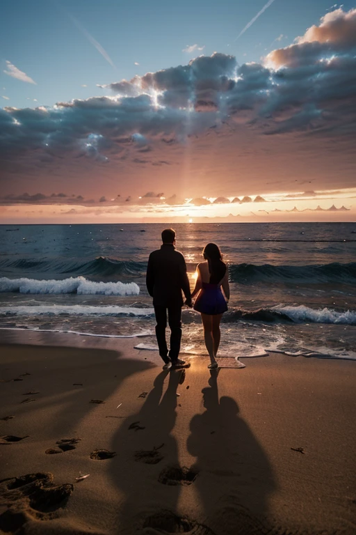 Photo of a couple on the beach at sunset on the horizon. Vibrant colors, ralism