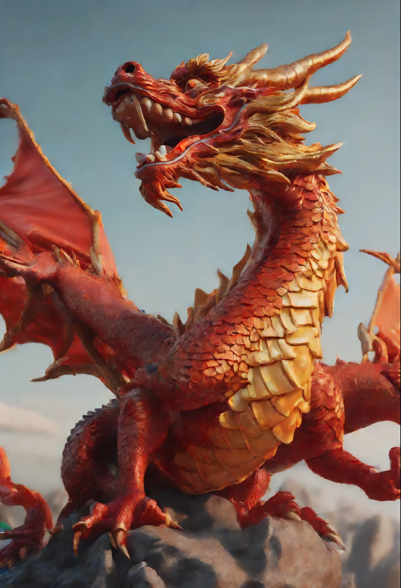drugged 3d chinese dragon, Flying, Huge, encapsulated dragon 3d art, Stunning artwork, Very high quality artwork, beautiful artwork, Colorful hyperrealism, beeple colors, Red, Red tones, orange, greys, Wide Shot, (Best Quality,4K,8K,hight resolution,masutepiece:1.2),Ultra-detailed,(Realistic,photoRealistic,photo-Realistic:1.37),nffsw,nffsw,Studio Lighting,Ultra-fine painting,Sharp Focus,Physically-based rendering,extreme detail description,Professional,Vivid colors,Bokeh. Attention：Original art by Tupu.