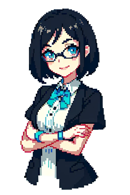 composed of pixels，pixelart，1girl，smiling expression，with short black hair，wears glasses