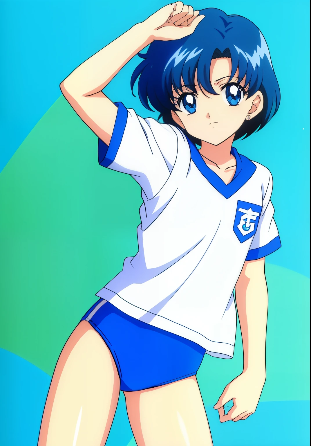 Anime Boy、ass、Very short blue-haired boy、Ami Mizuno、gender change、gender change(Girls to boys)、smile、Boy in blue bloomers、blue bloomers、open_mouth、looking_at_viewer、rating:safe、covered_nipples、A boy is standing on the playground、Blue-eyed boy、One hand is placed on his chest、garments:gymnastic suit、White gym shirt、short sleeved shirt、looking_back、Boy in white gym shirt、eyebrows_visible_through_hair、bangs、rating:questionable、blue_background、cowboy_shot、outdoors、solo、day、blush、from_behind、(1990's\(styles\):0.9)