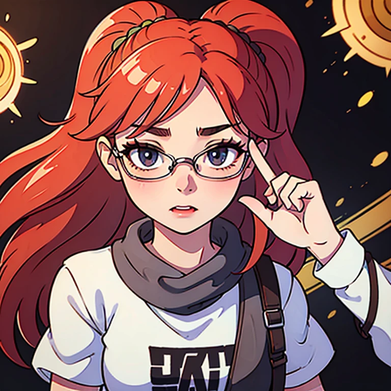 Generate images of a female character, aged 19 to 23, with a slightly overweight build, wearing rectangular glasses and a red hair AI-related stamped shirt/top. Ensure she displays expressions of excitement, surprise, and curiosity, making her very expressive while maintaining a relatable, youthful, tech-savvy, and approachable appearance. Capture the ideal qualities for a dynamic and engaging female narrator avatar with a body type that reflects diversity and inclusivity, a bit over weight, in AI-related YouTube content.